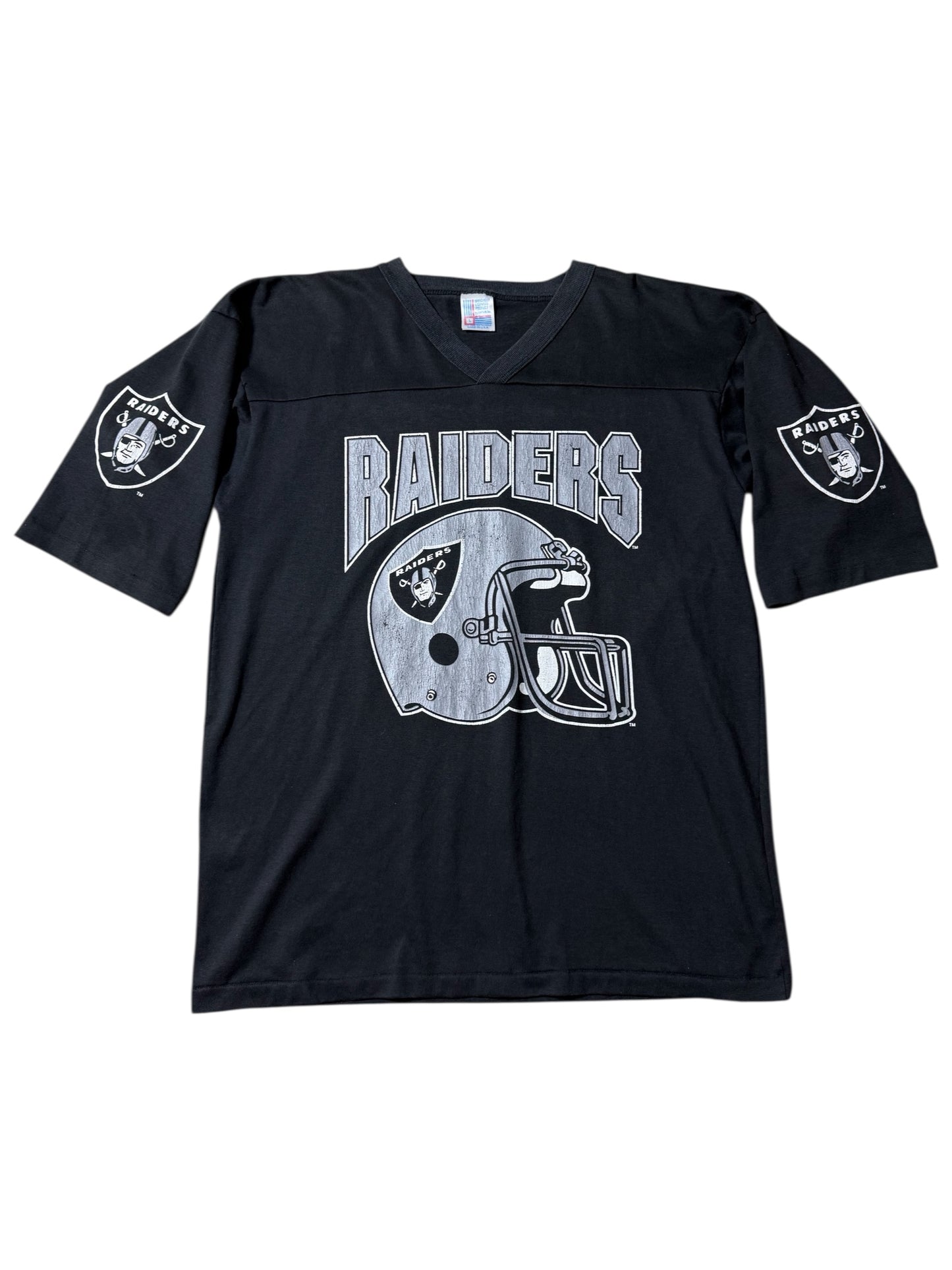 Vintage 90s Oakland Raiders V-Neck Football Tee Garan Inc Made in USA