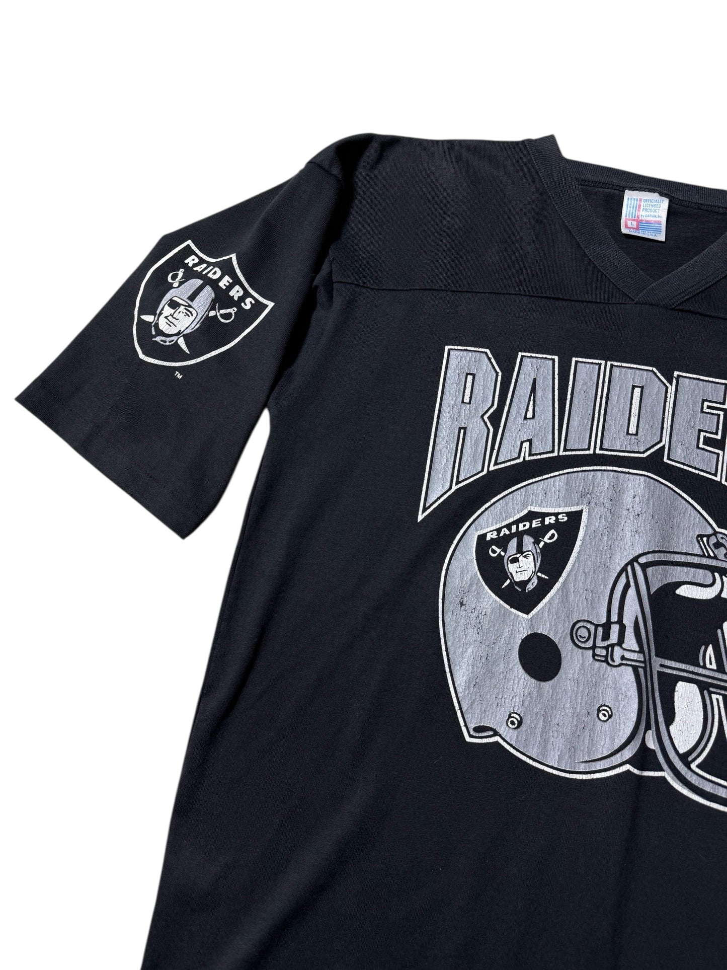 Vintage 90s Oakland Raiders V-Neck Football Tee Garan Inc Made in USA