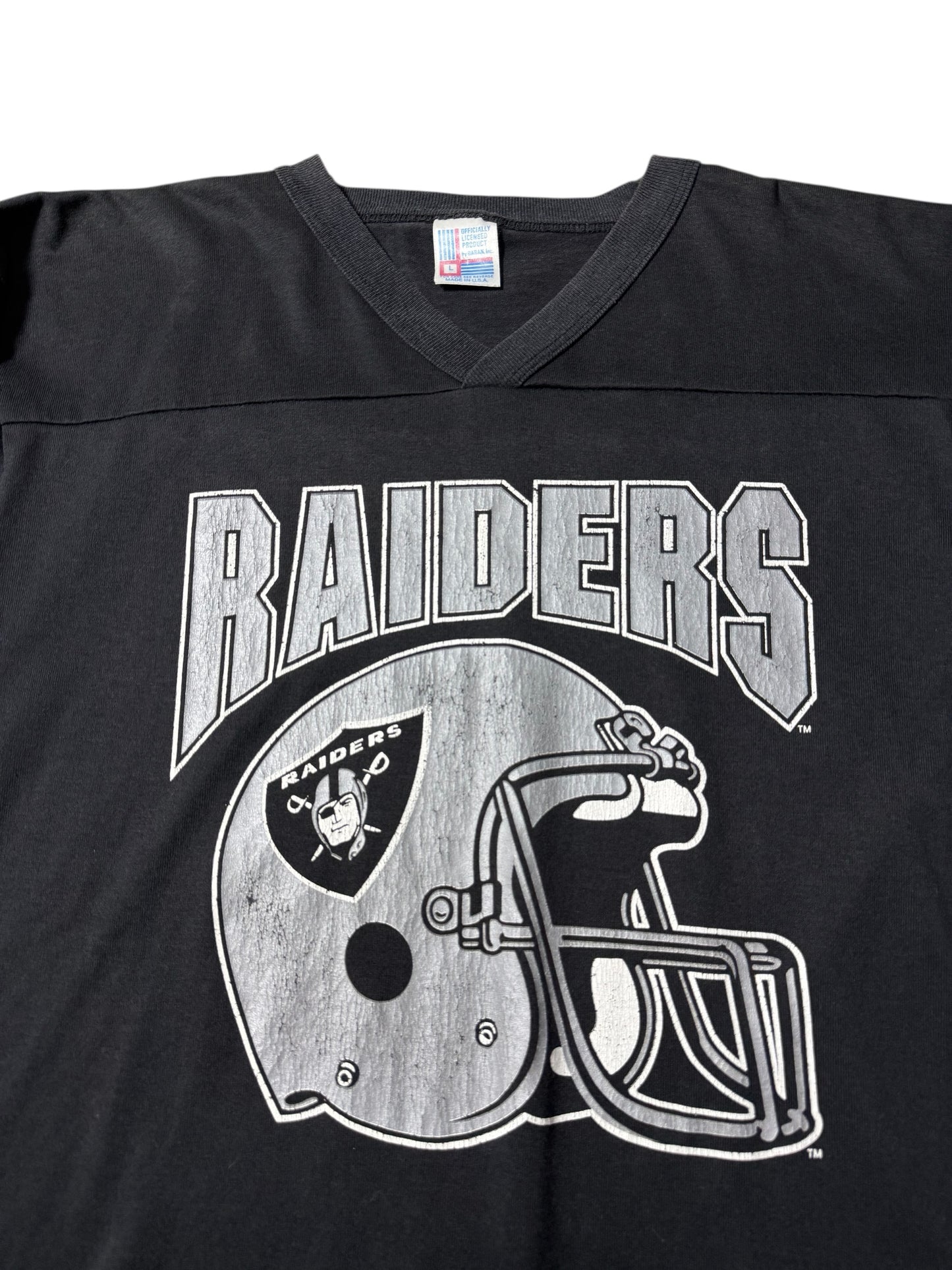 Vintage 90s Oakland Raiders V-Neck Football Tee Garan Inc Made in USA