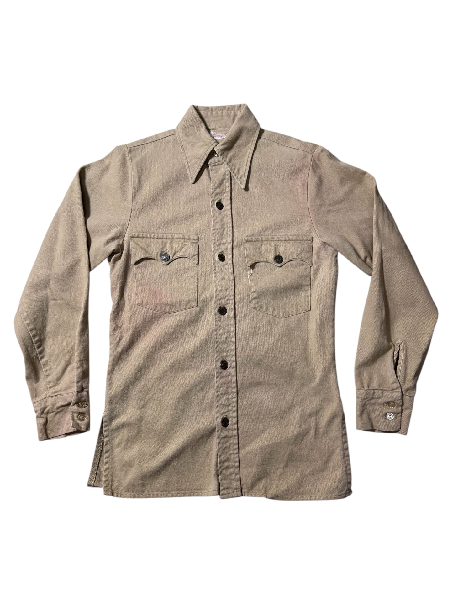 Vintage Levis Tan Western Workwear Shirt Twin Chest Pockets Faded Twill