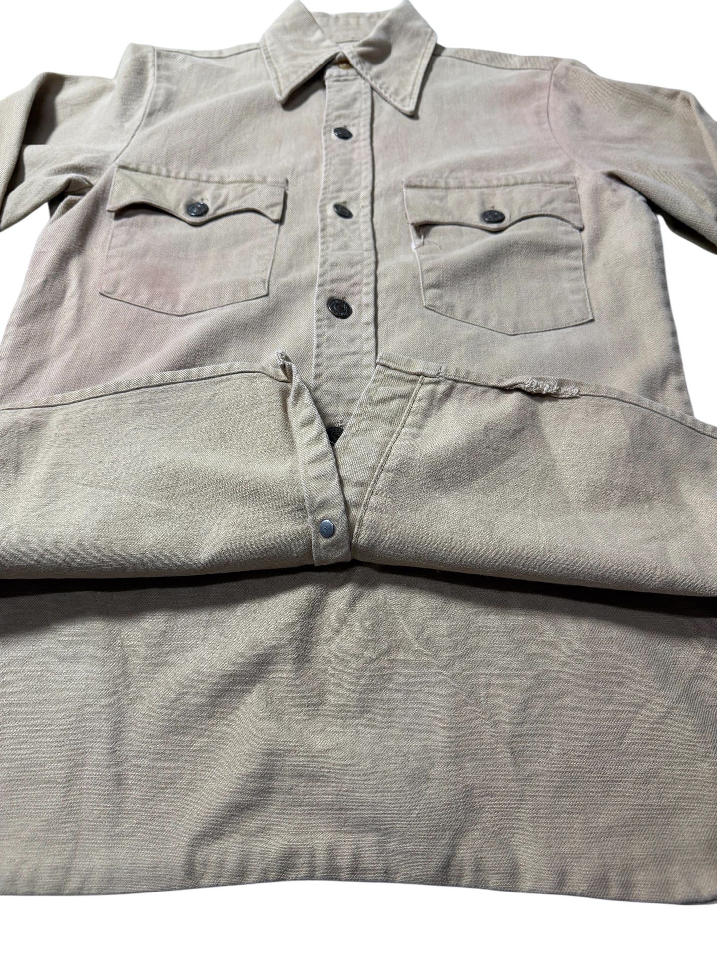Vintage Levis Tan Western Workwear Shirt Twin Chest Pockets Faded Twill