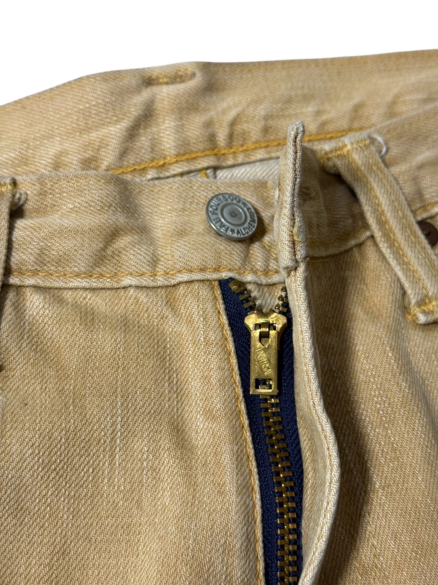Vintage Fab Four Alchemist Japan Tan Denim Jeans Skull Patch Slim Straight 2000s