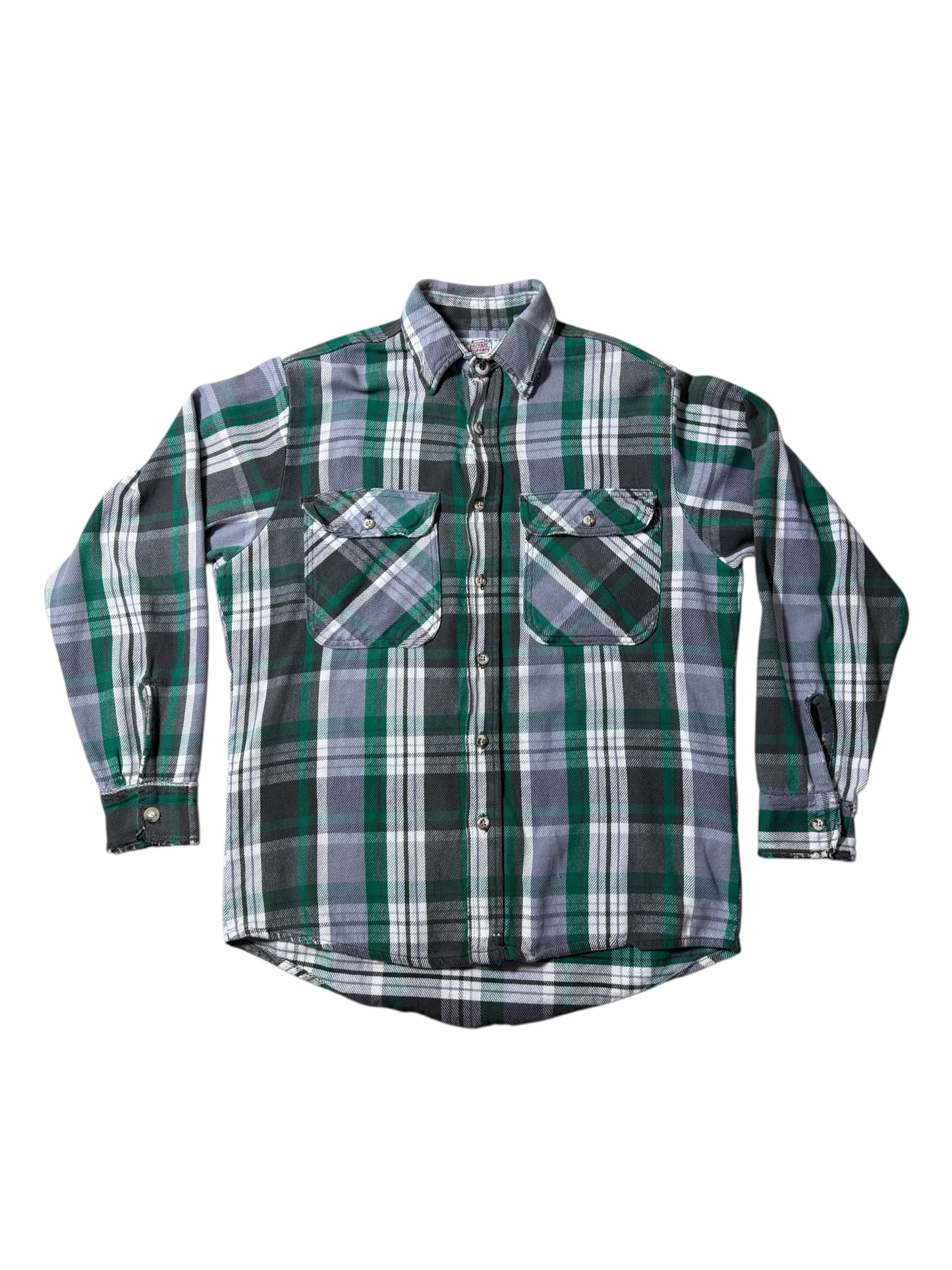 Vintage 1980s Private Property Plaid Flannel Shirt Made in USA Distressed Workwear