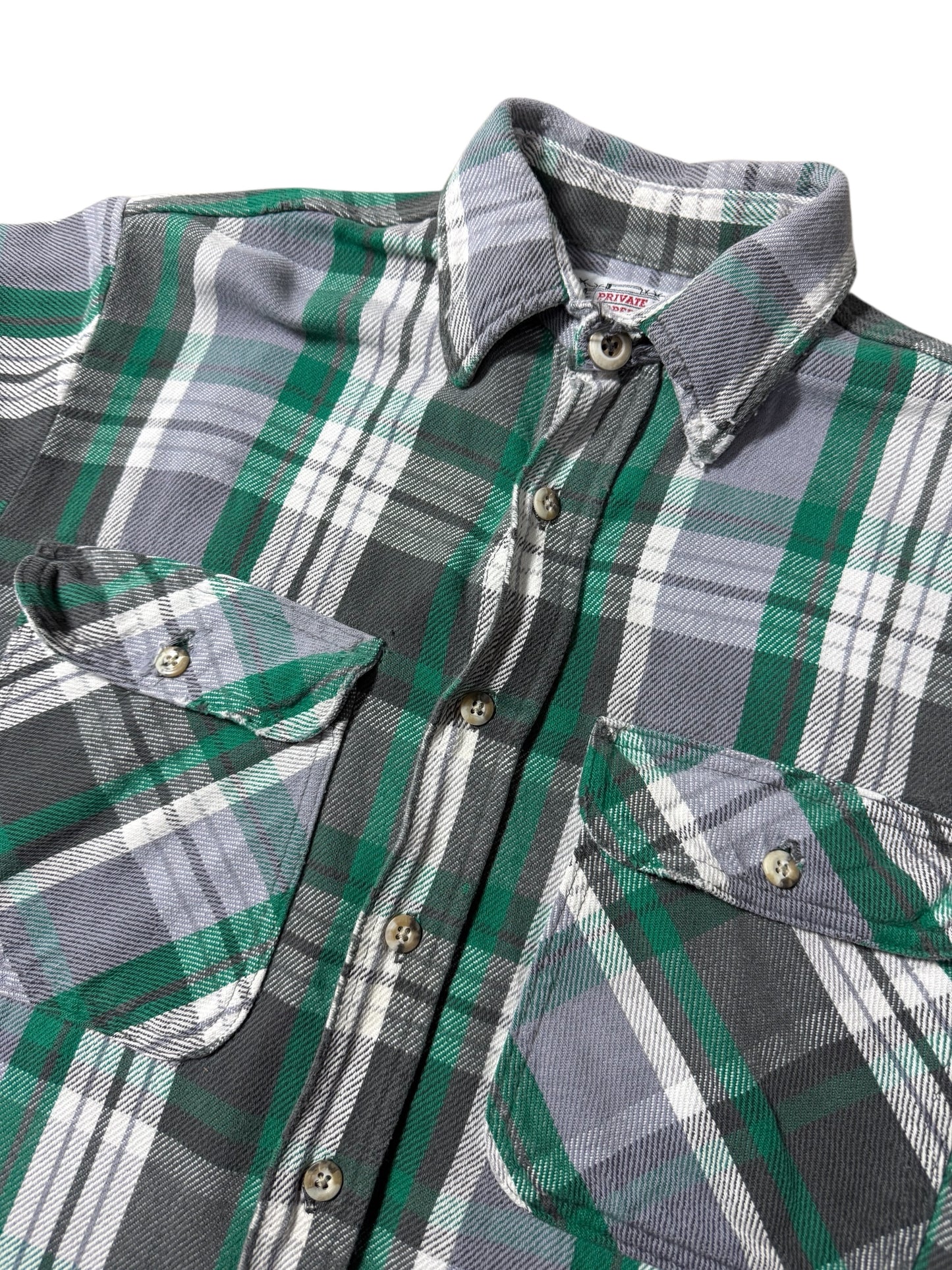 Vintage 1980s Private Property Plaid Flannel Shirt Made in USA Distressed Workwear