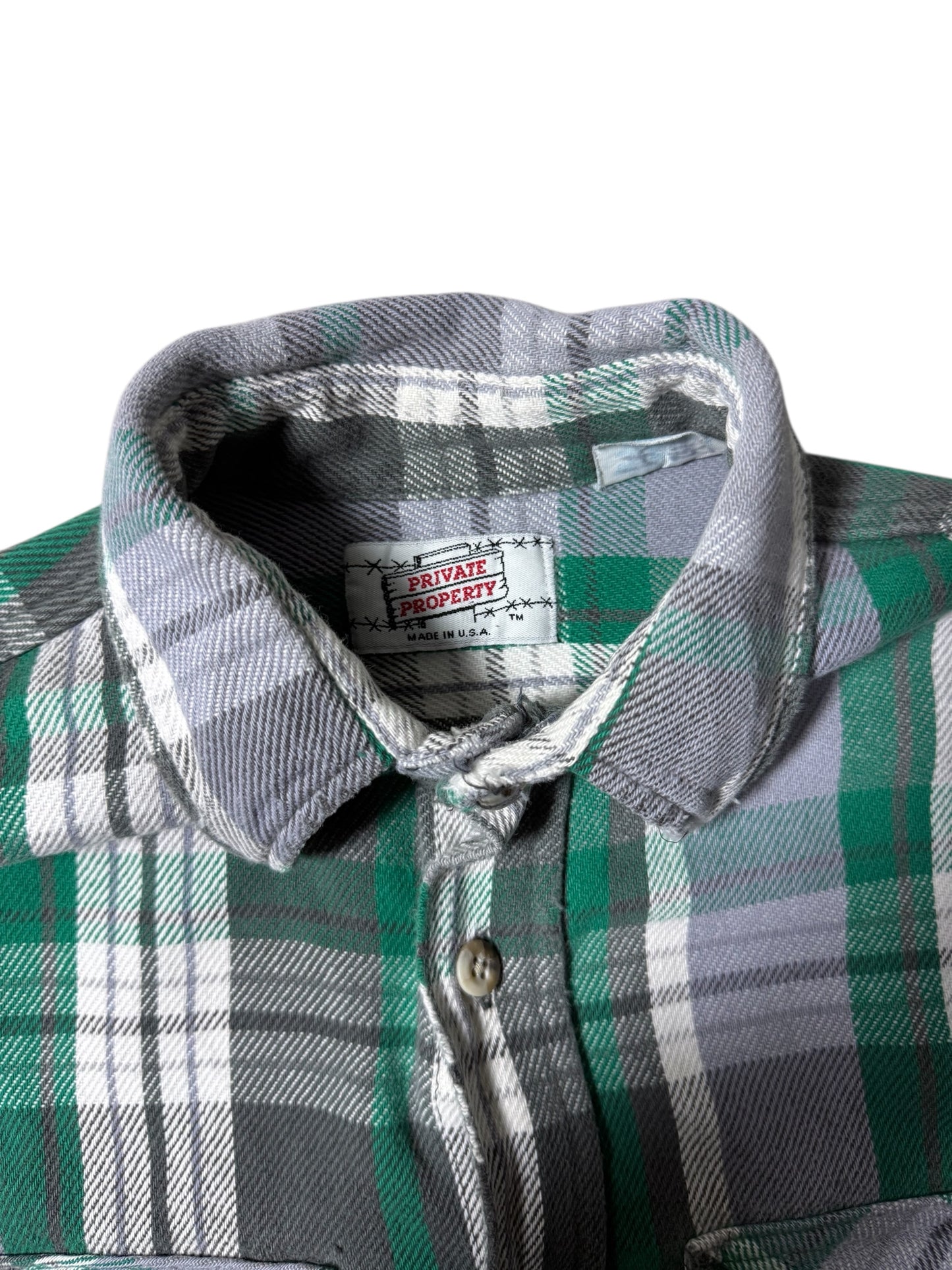 Vintage 1980s Private Property Plaid Flannel Shirt Made in USA Distressed Workwear