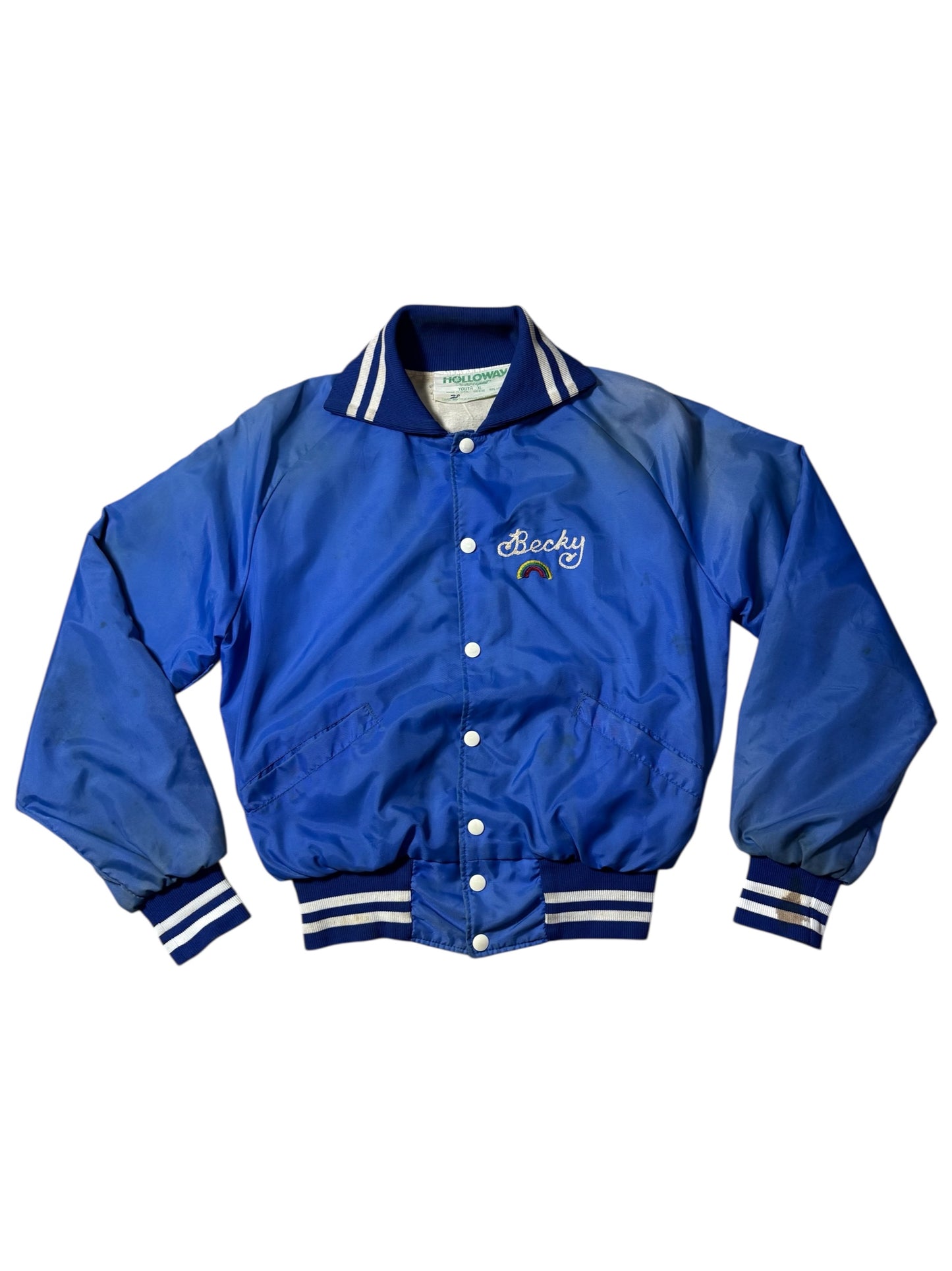 Vintage 1970s-80s Holloway Blue Satin Varsity Jacket Embroidery