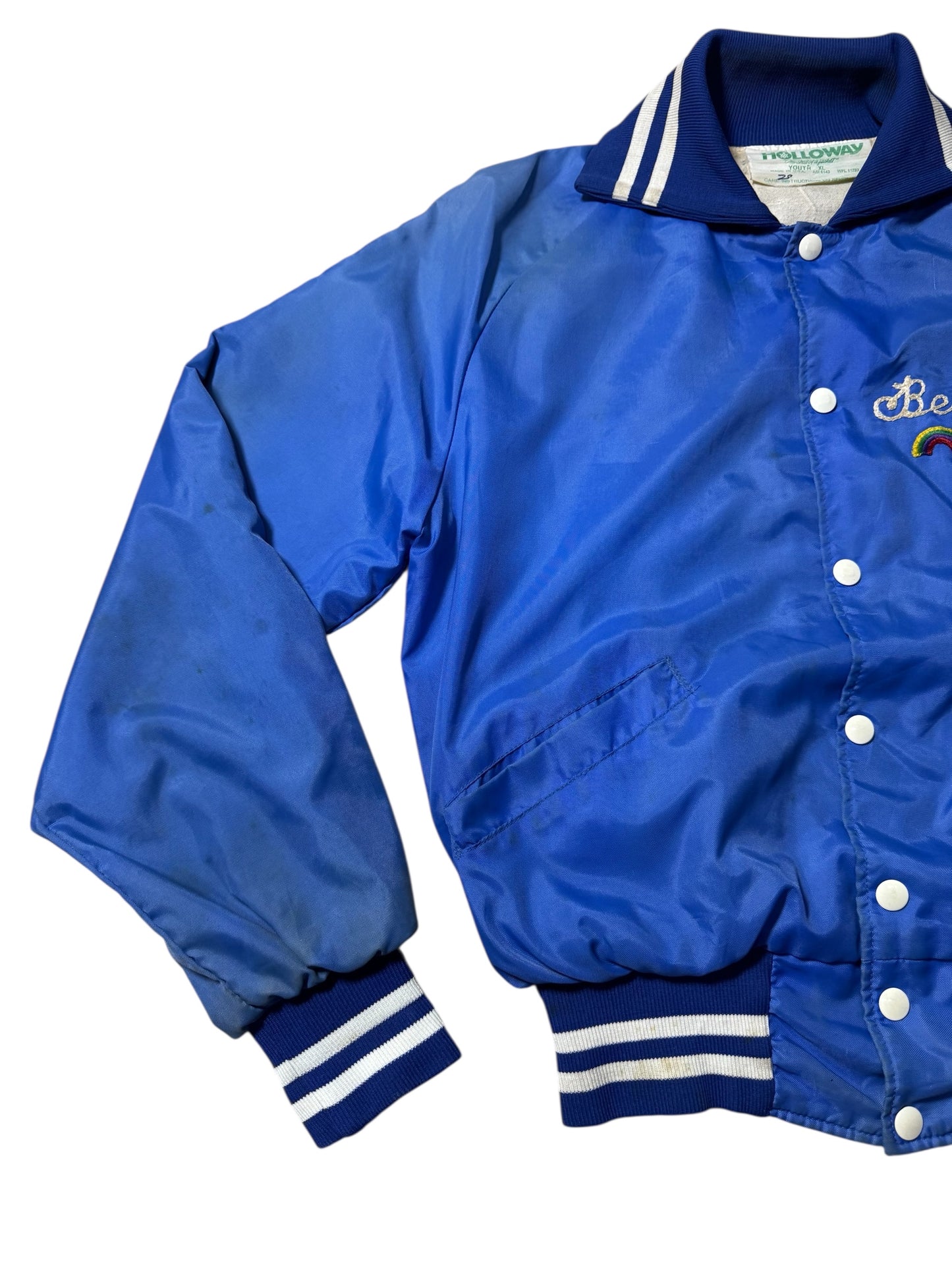 Vintage 1970s-80s Holloway Blue Satin Varsity Jacket Embroidery