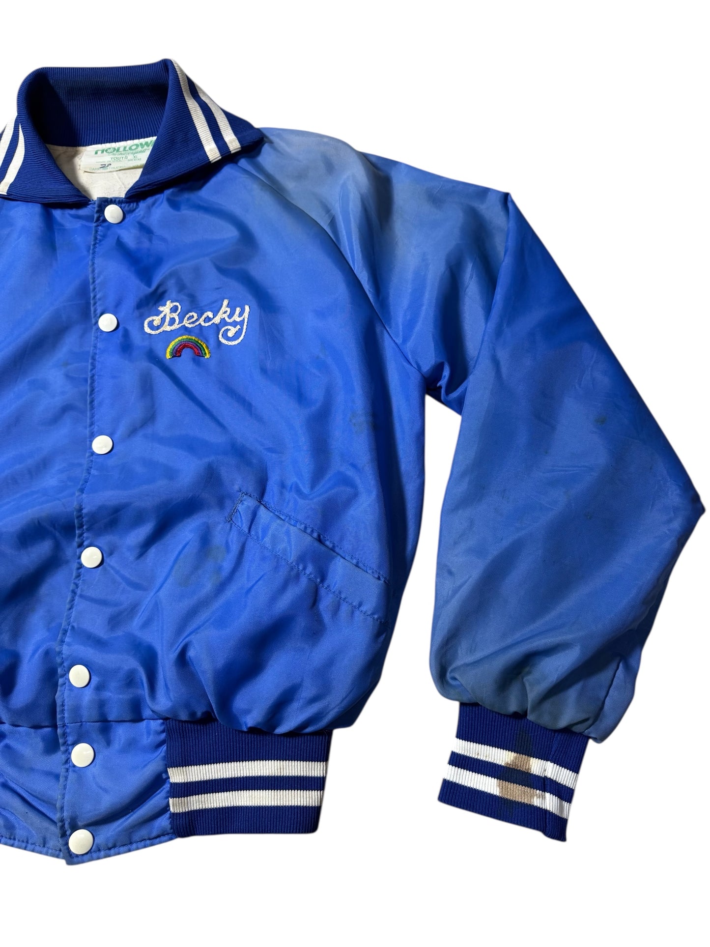 Vintage 1970s-80s Holloway Blue Satin Varsity Jacket Embroidery