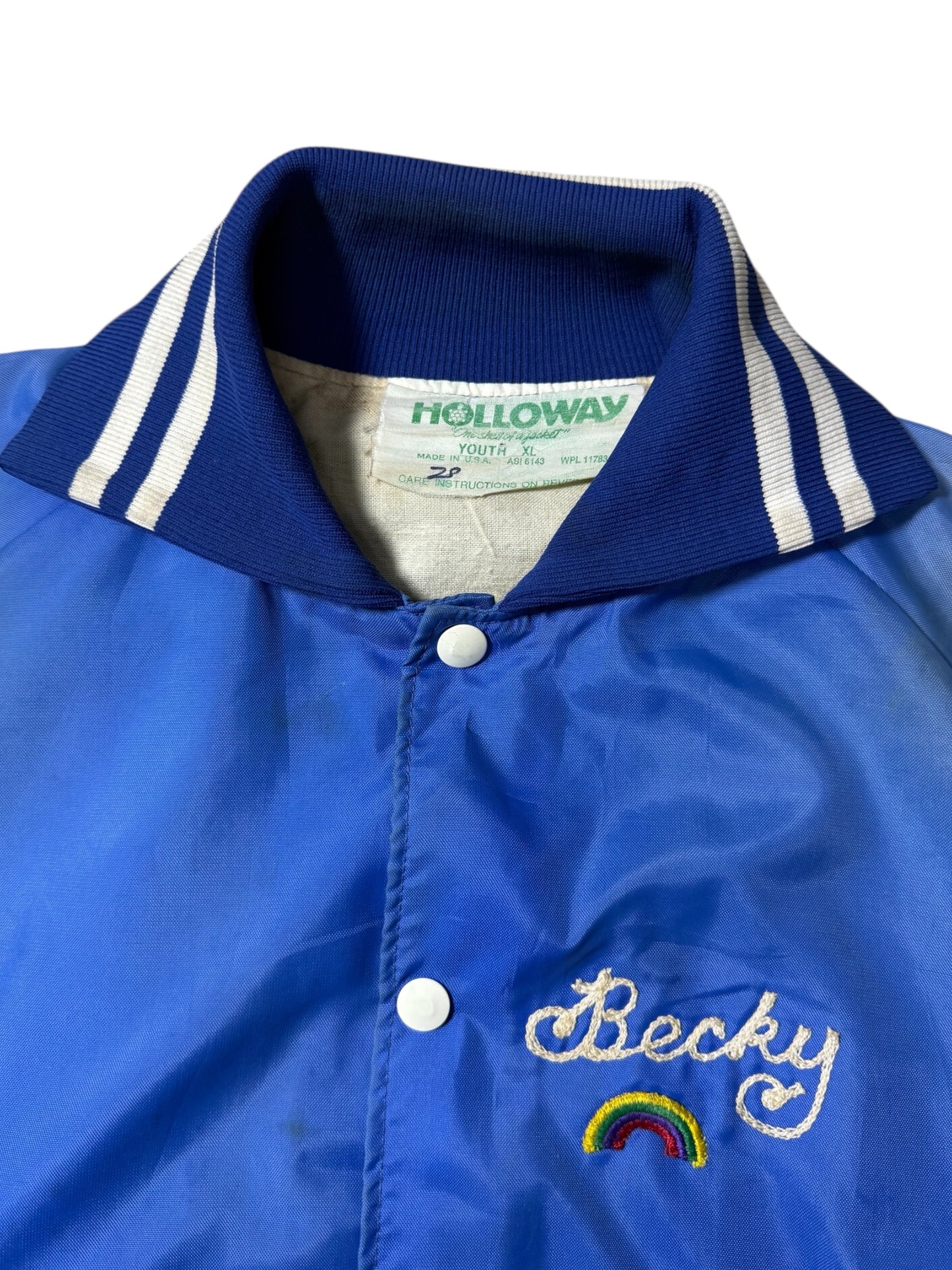 Vintage 1970s-80s Holloway Blue Satin Varsity Jacket Embroidery