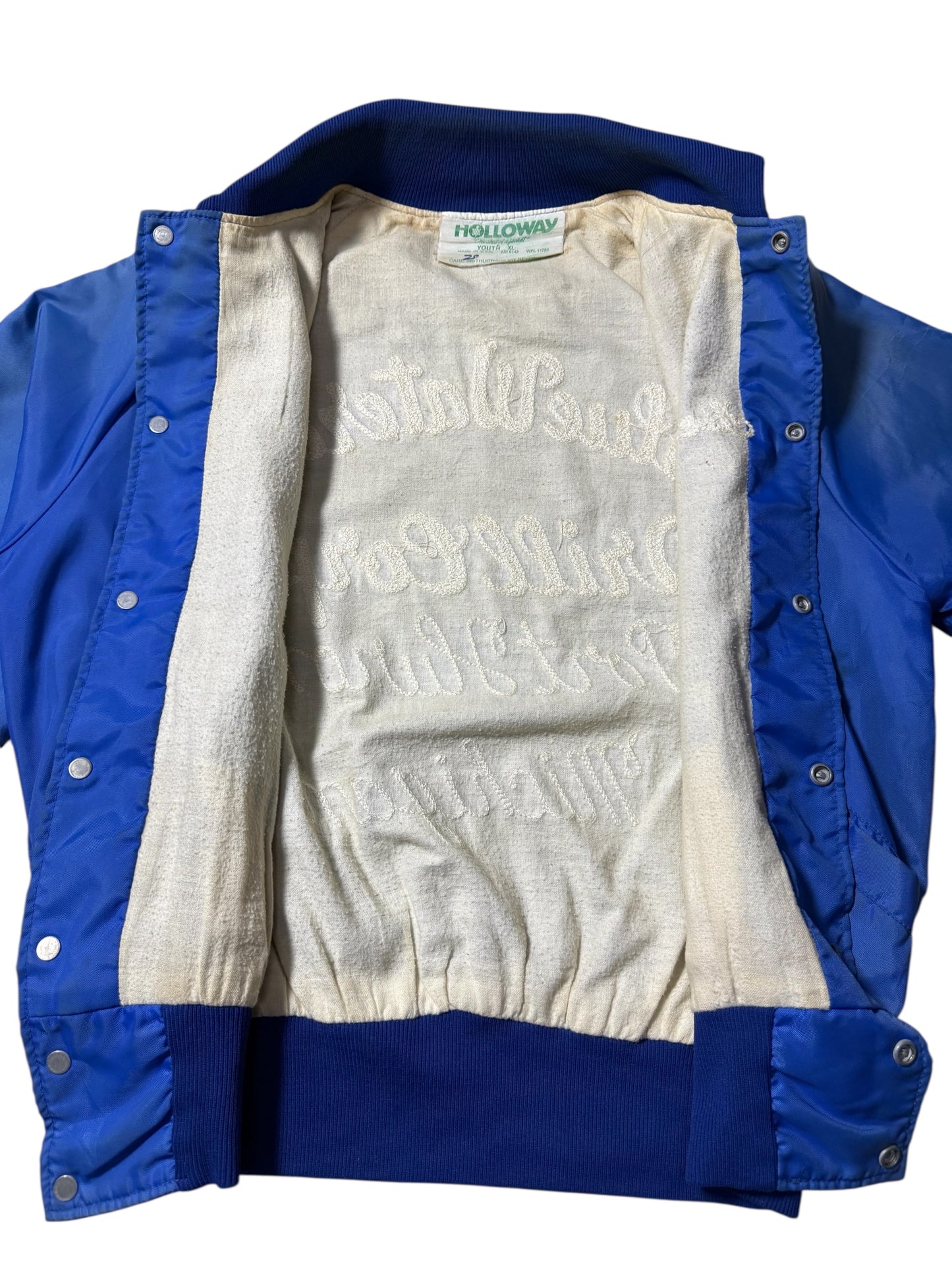 Vintage 1970s-80s Holloway Blue Satin Varsity Jacket Embroidery