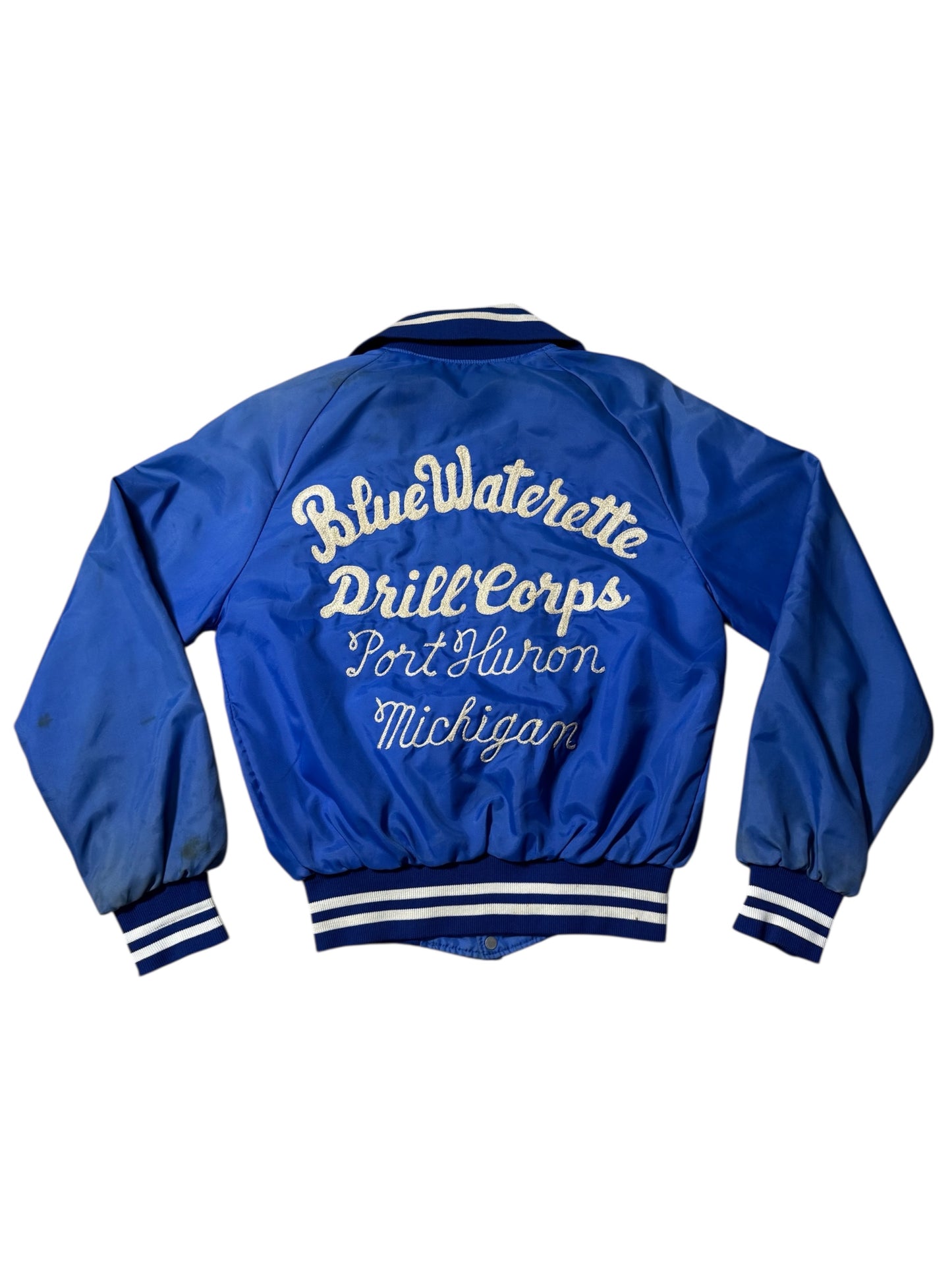 Vintage 1970s-80s Holloway Blue Satin Varsity Jacket Embroidery