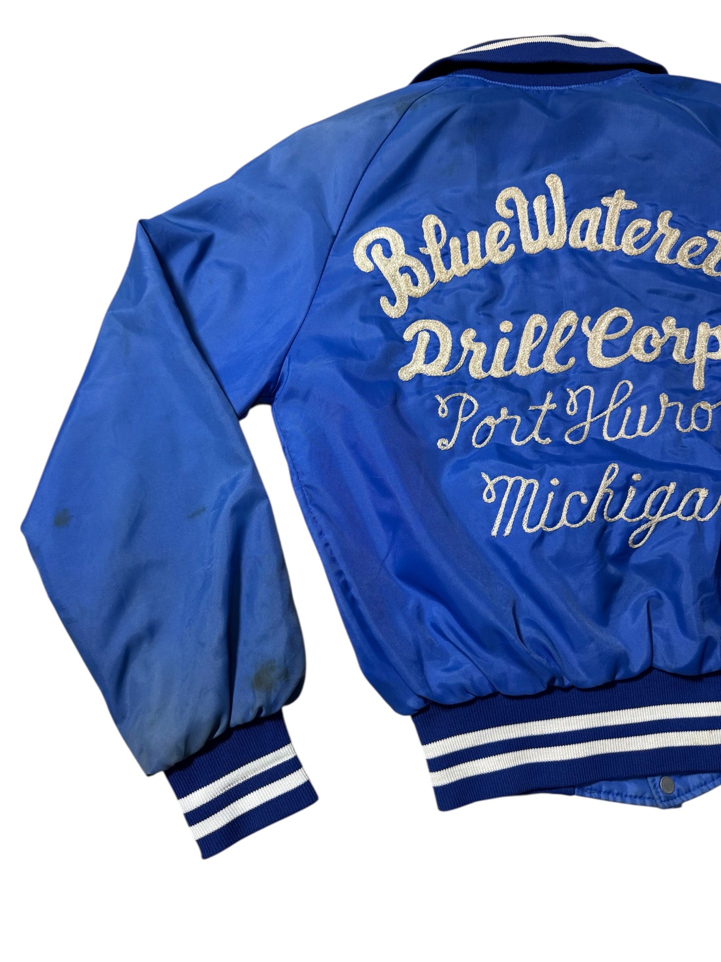 Vintage 1970s-80s Holloway Blue Satin Varsity Jacket Embroidery