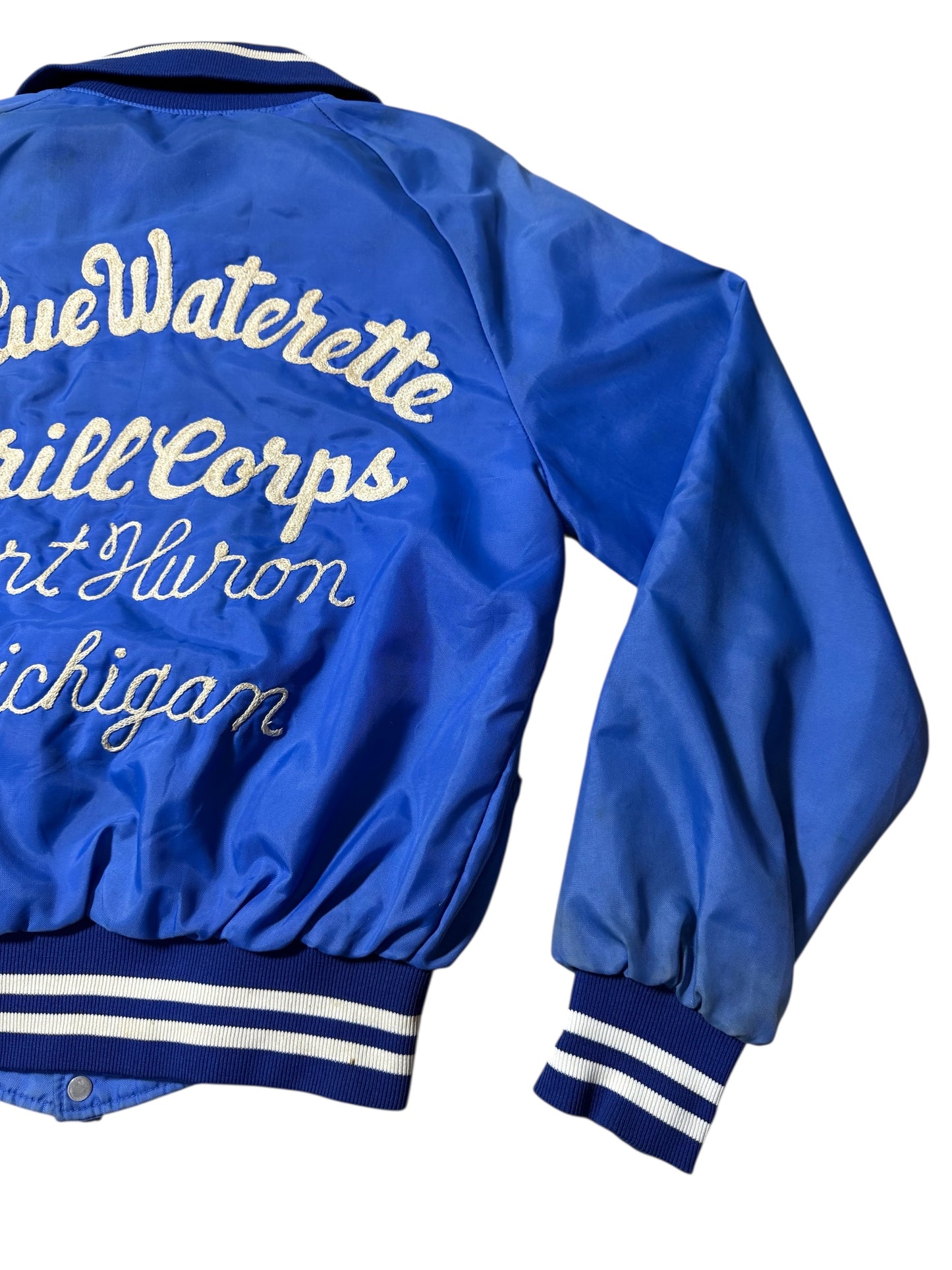 Vintage 1970s-80s Holloway Blue Satin Varsity Jacket Embroidery
