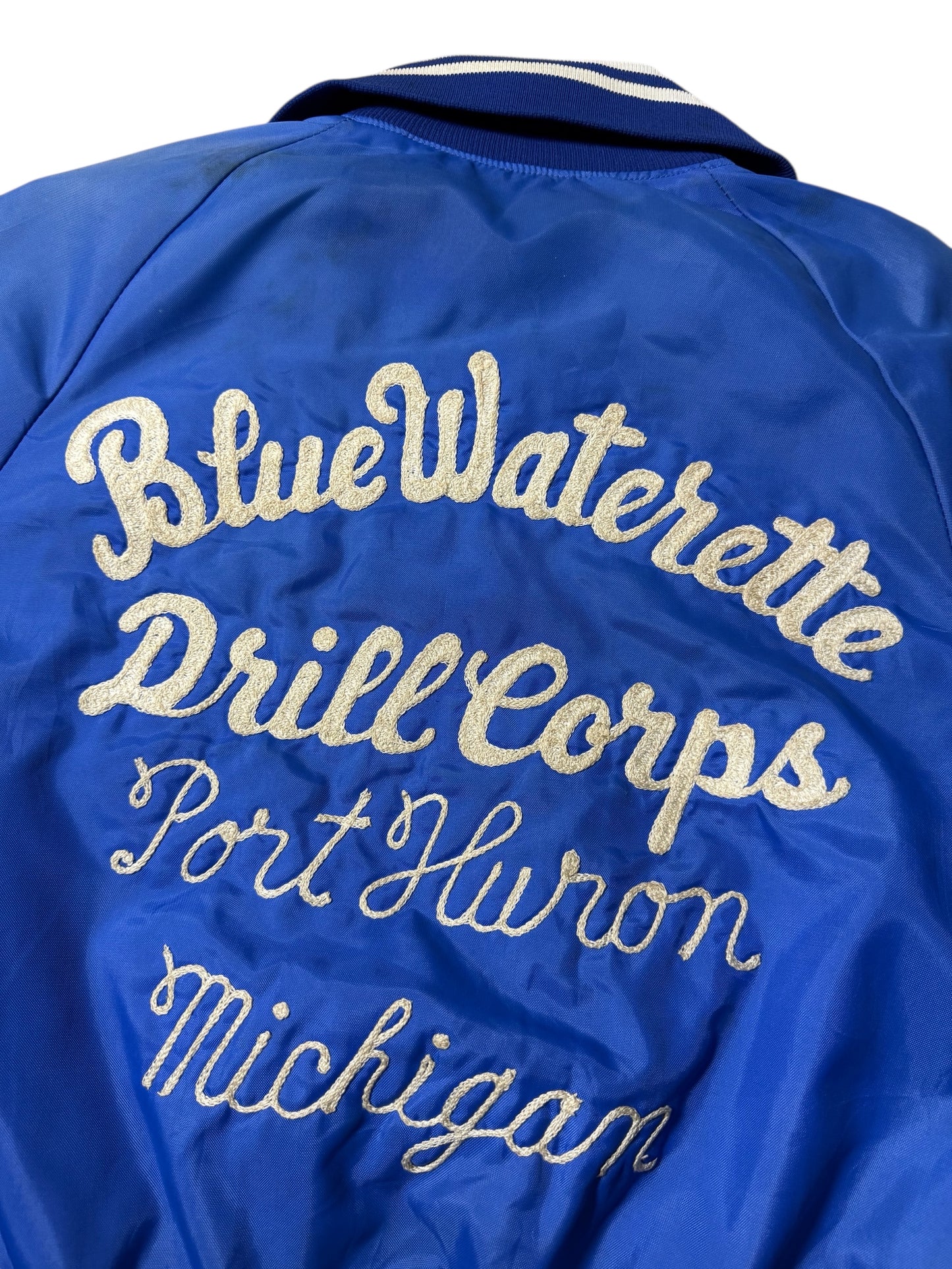 Vintage 1970s-80s Holloway Blue Satin Varsity Jacket Embroidery