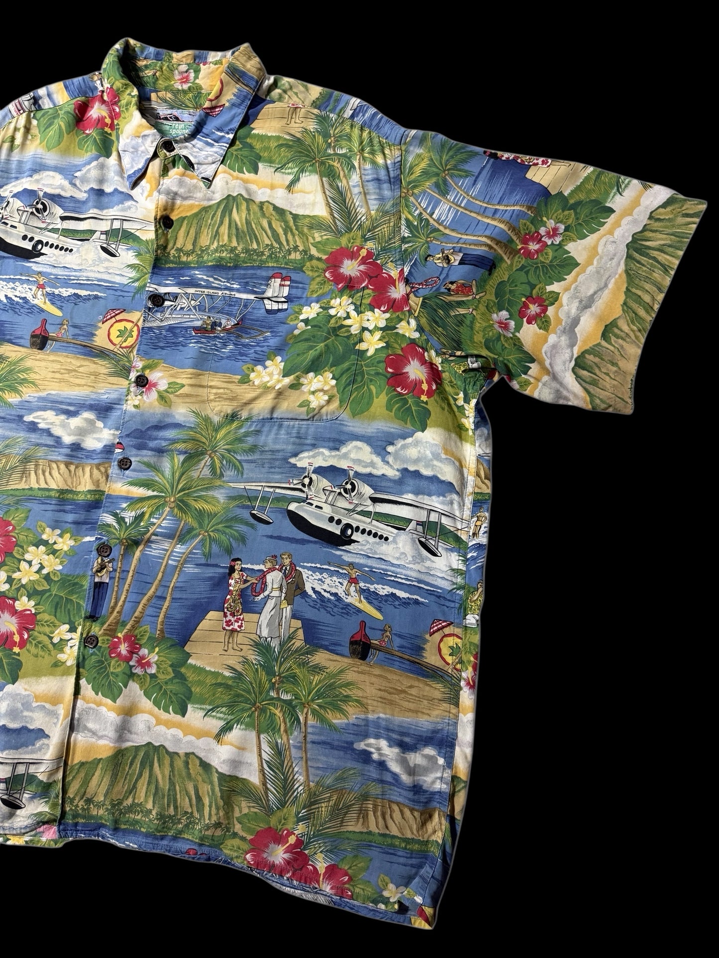 Vintage 1990s Reyn Spooner Rayon Hawaiian Aloha Shirt Scenic Print