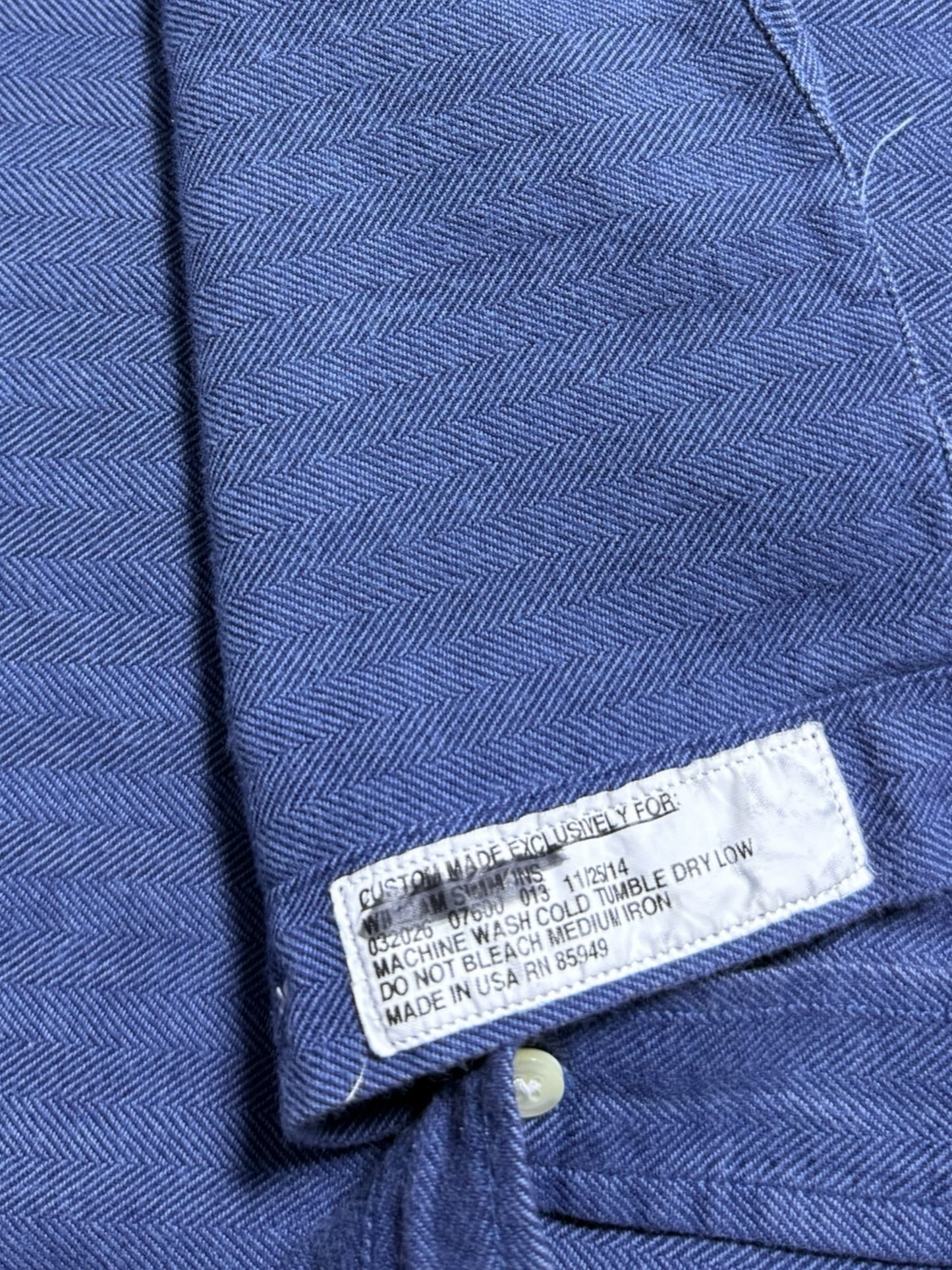 Vintage Tom James HBT Work Shirt USA Made Indigo Blue Executive Collection