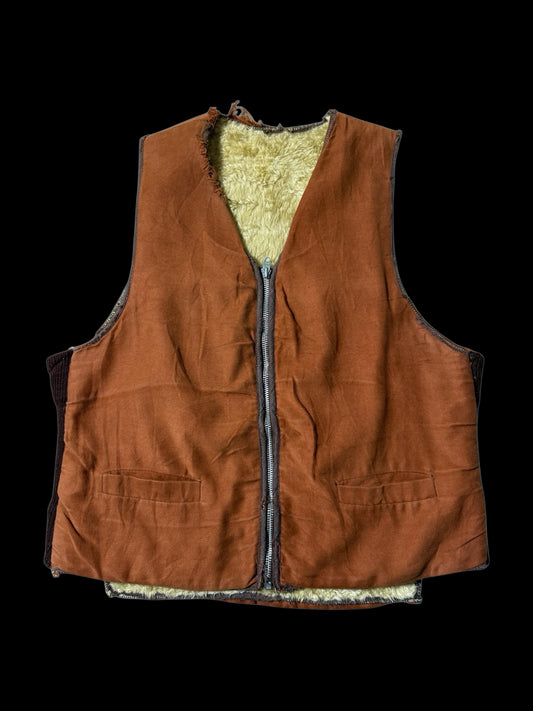 Vintage Shearling Lined Workwear Vest 1950s 1960s Brown Zip Front