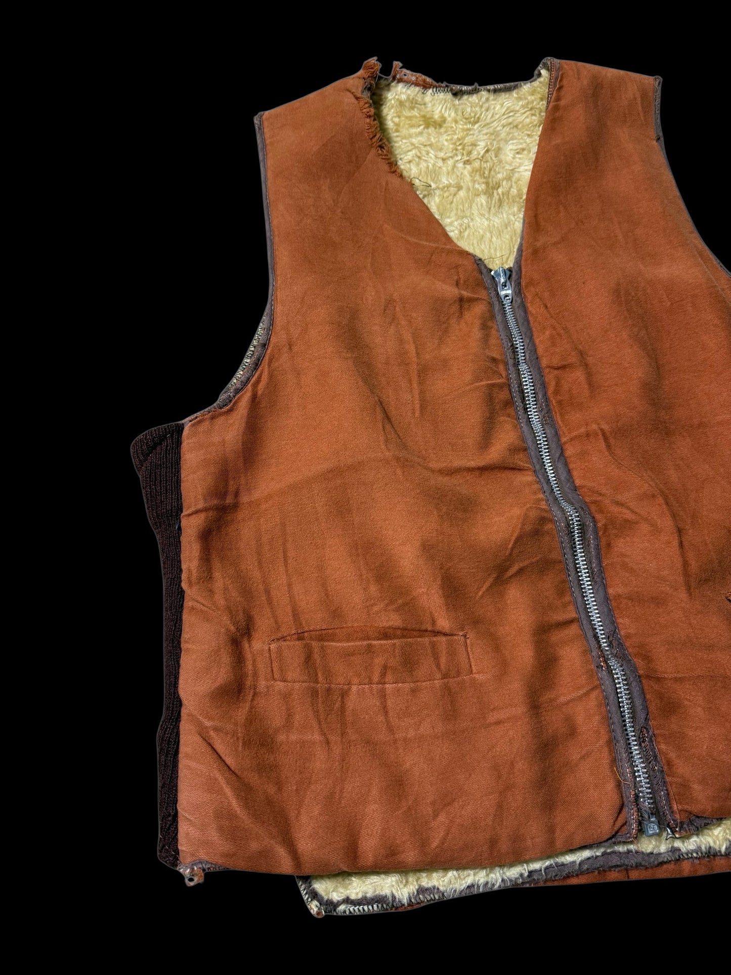 Vintage Shearling Lined Workwear Vest 1950s 1960s Brown Zip Front
