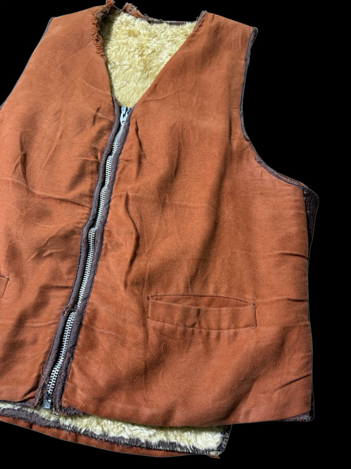 Vintage Shearling Lined Workwear Vest 1950s 1960s Brown Zip Front