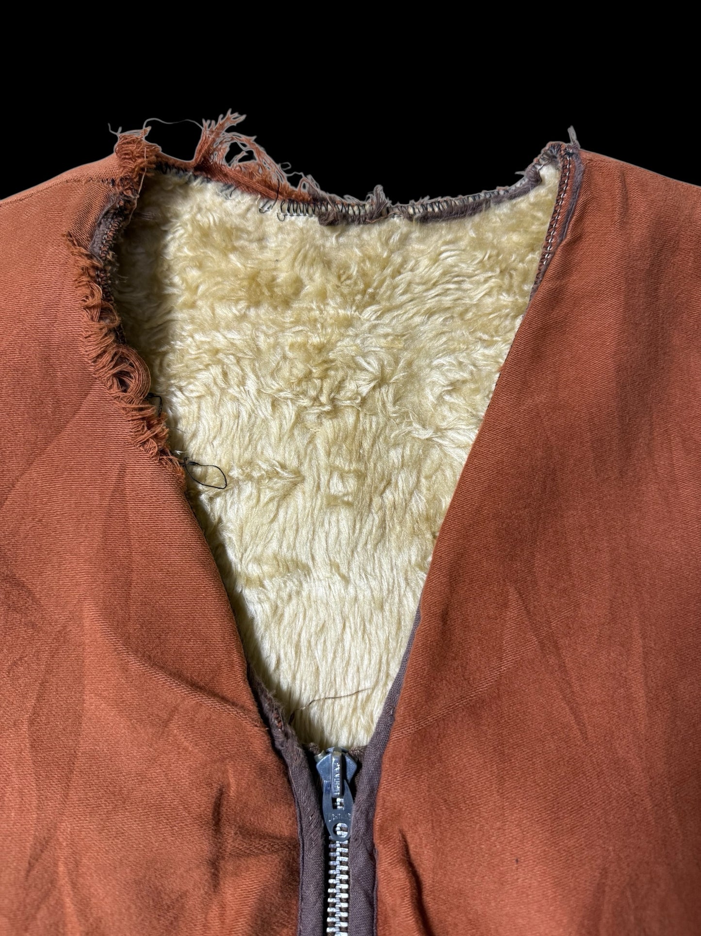 Vintage Shearling Lined Workwear Vest 1950s 1960s Brown Zip Front