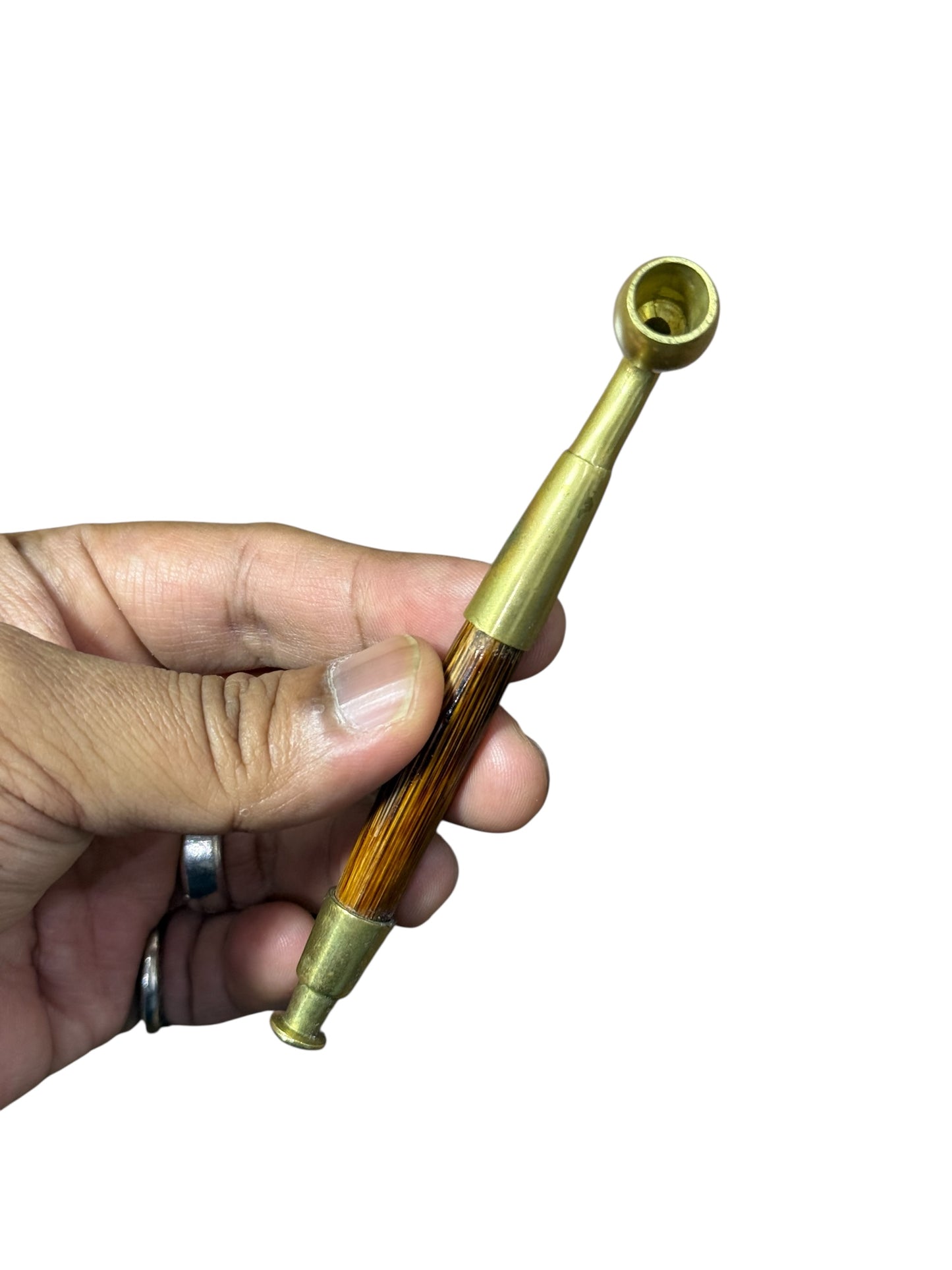Antique Brass Pocket Smoking Pipe Amber Look Stem Victorian Era Collectible