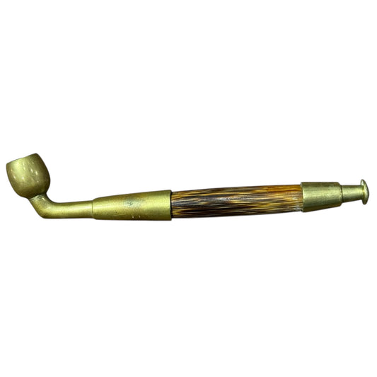 Antique Brass Pocket Smoking Pipe Amber Look Stem Victorian Era Collectible