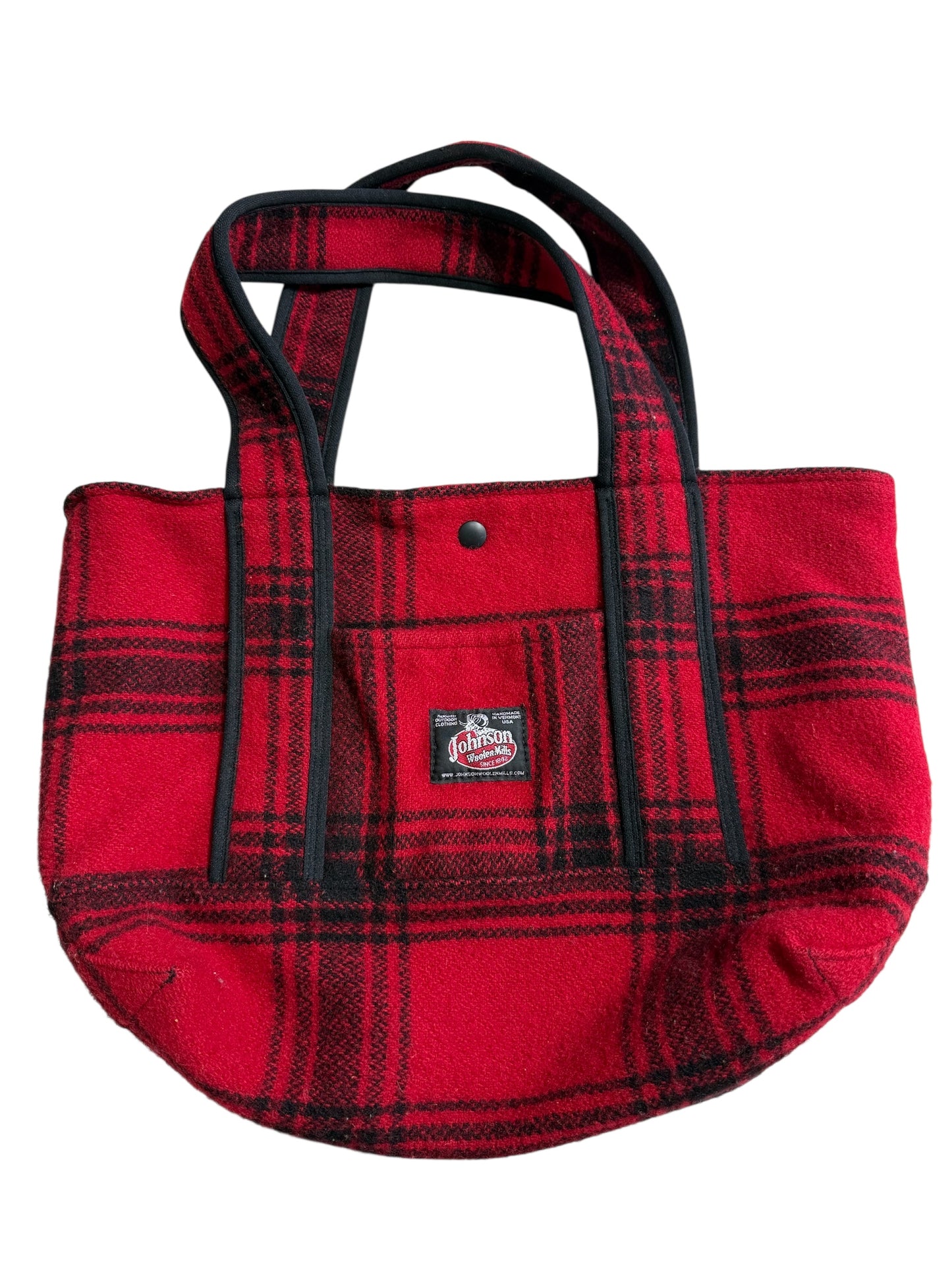 Johnson Woolen Mills Red Black Plaid Wool Tote Bag USA Made Buffalo Check