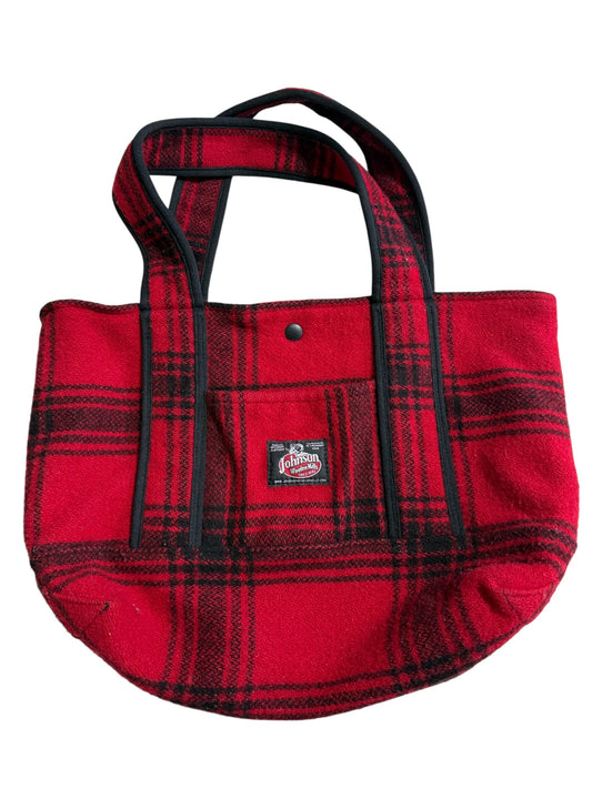 Johnson Woolen Mills Red Black Plaid Wool Tote Bag USA Made Buffalo Check