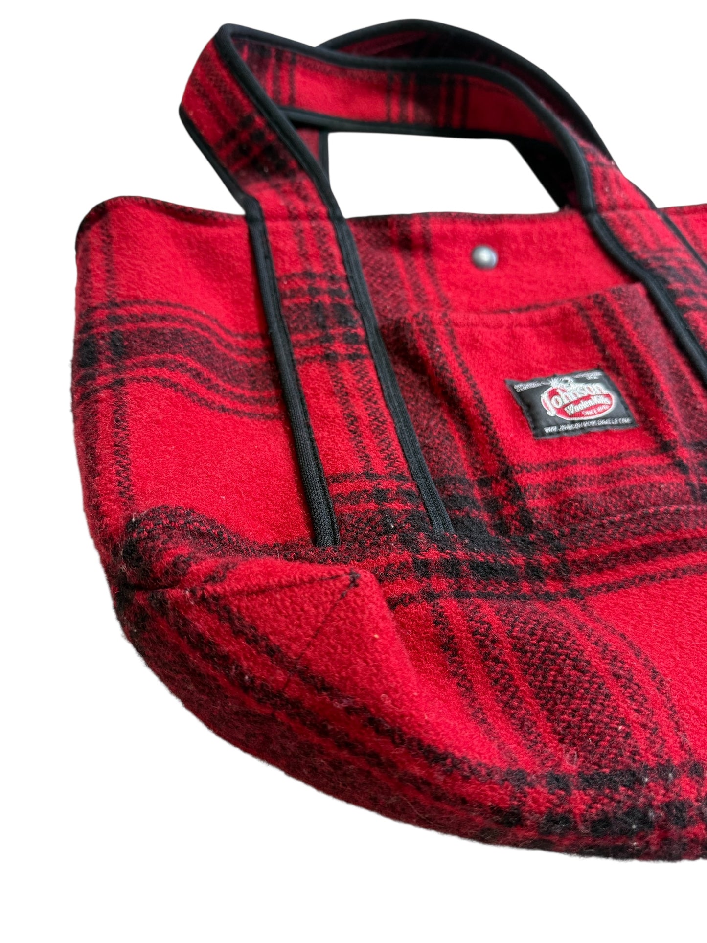Johnson Woolen Mills Red Black Plaid Wool Tote Bag USA Made Buffalo Check