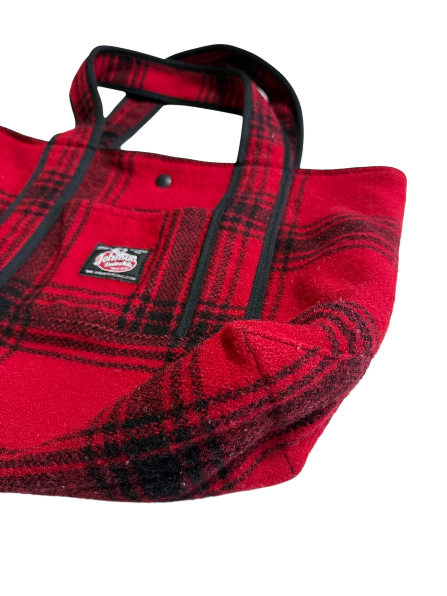 Johnson Woolen Mills Red Black Plaid Wool Tote Bag USA Made Buffalo Check