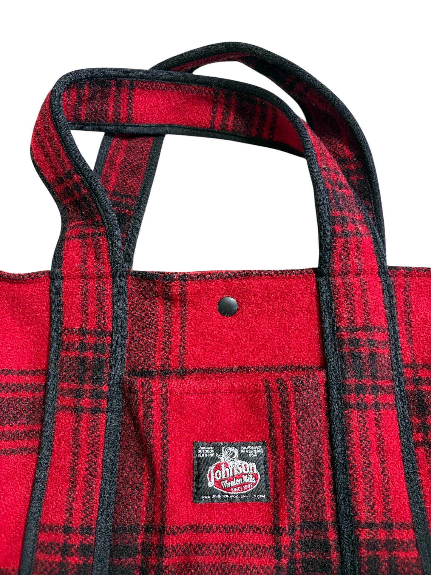 Johnson Woolen Mills Red Black Plaid Wool Tote Bag USA Made Buffalo Check