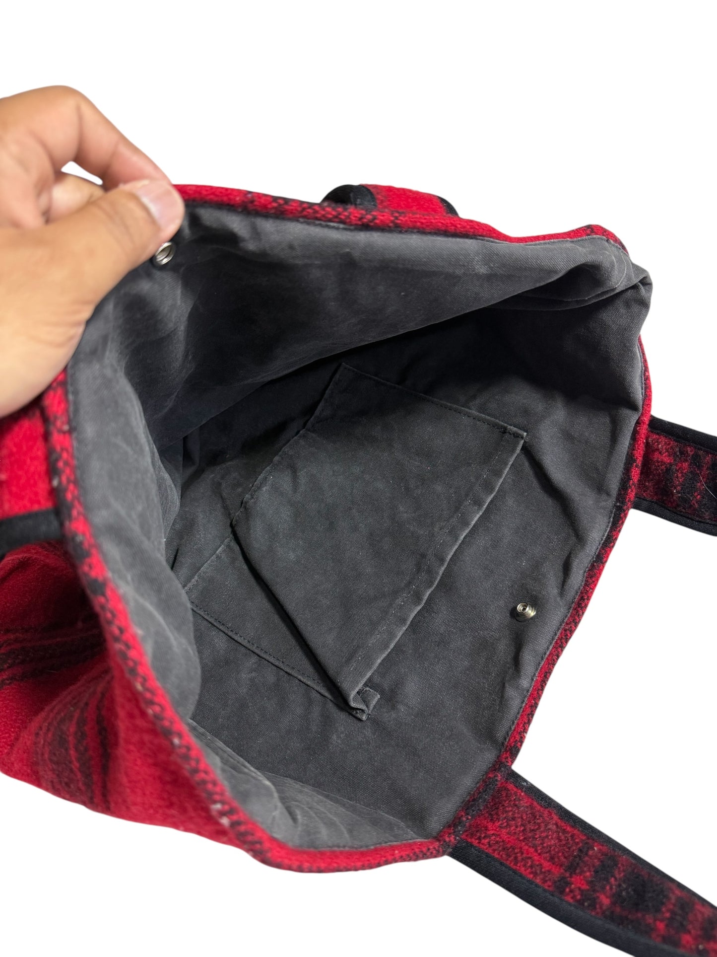 Johnson Woolen Mills Red Black Plaid Wool Tote Bag USA Made Buffalo Check
