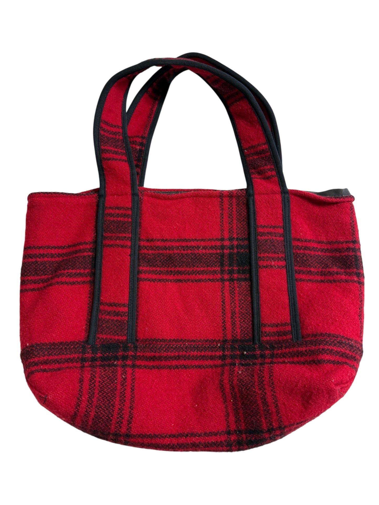Johnson Woolen Mills Red Black Plaid Wool Tote Bag USA Made Buffalo Check