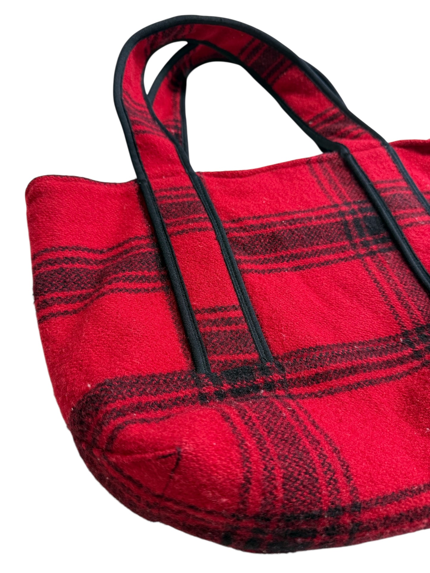 Johnson Woolen Mills Red Black Plaid Wool Tote Bag USA Made Buffalo Check