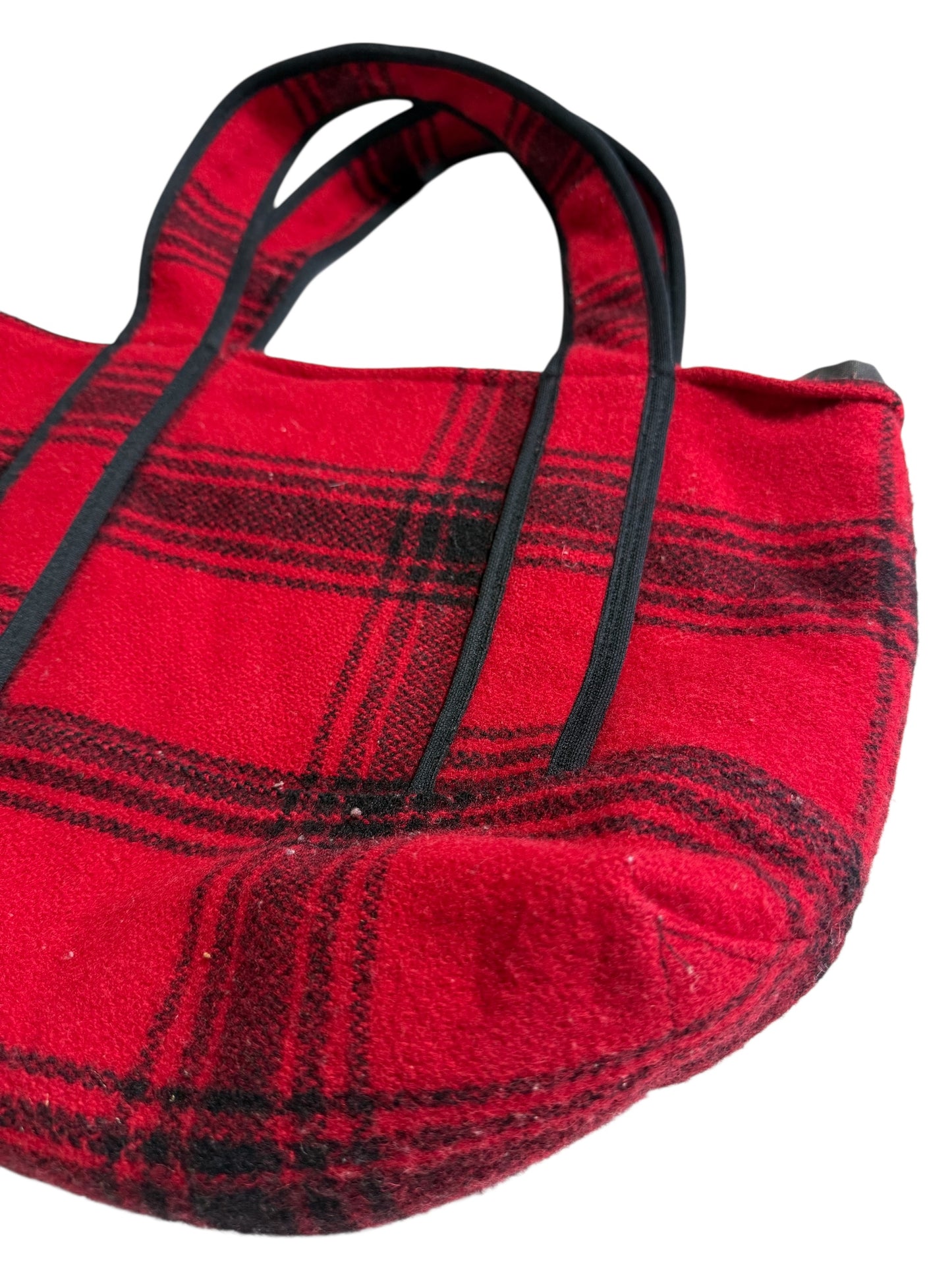 Johnson Woolen Mills Red Black Plaid Wool Tote Bag USA Made Buffalo Check
