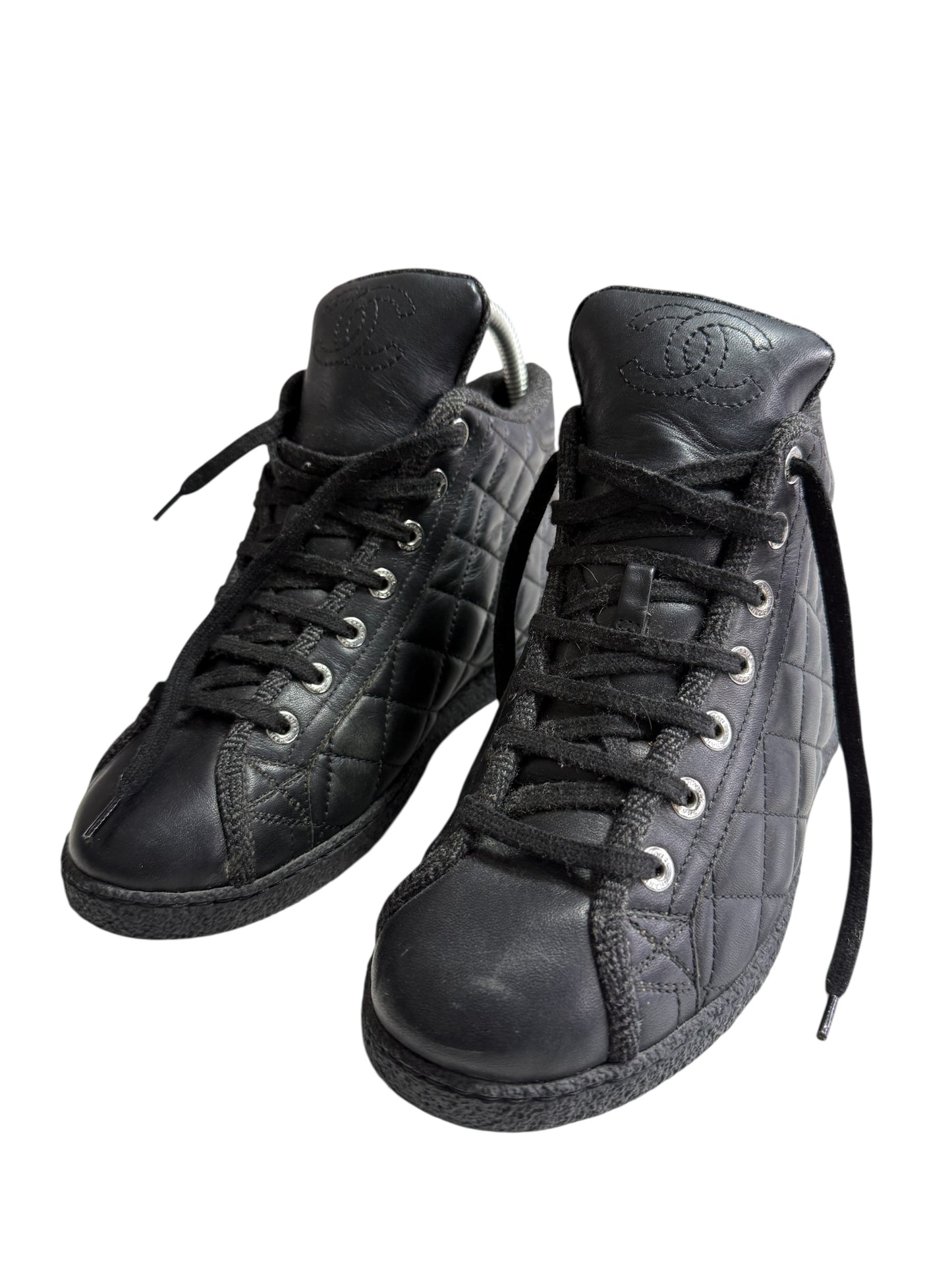 Vintage Chanel Black Quilted Leather High Top Sneakers CC Logo