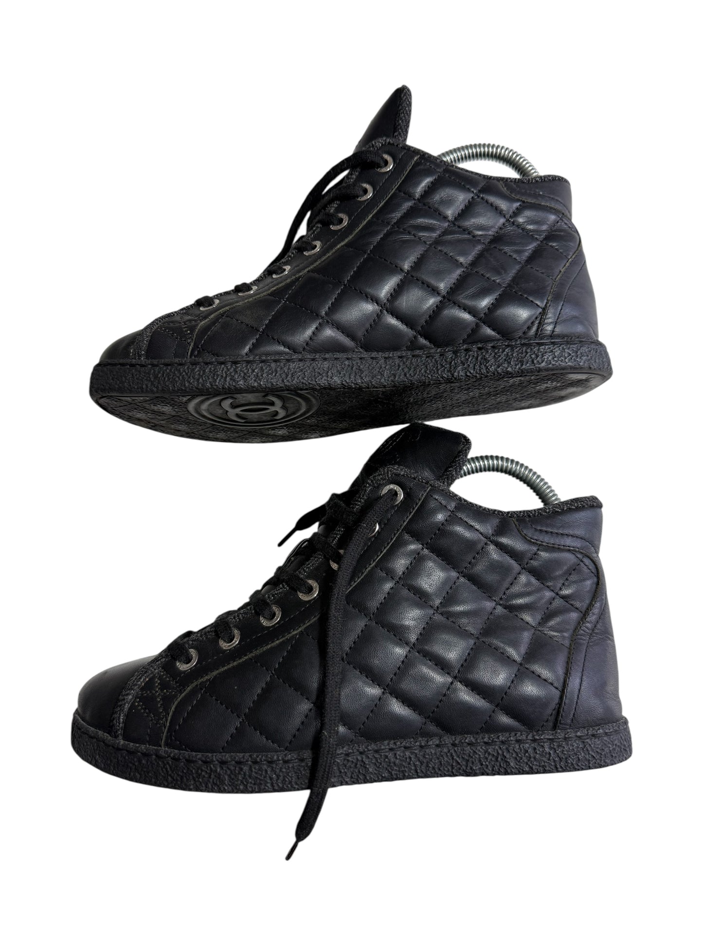 Vintage Chanel Black Quilted Leather High Top Sneakers CC Logo