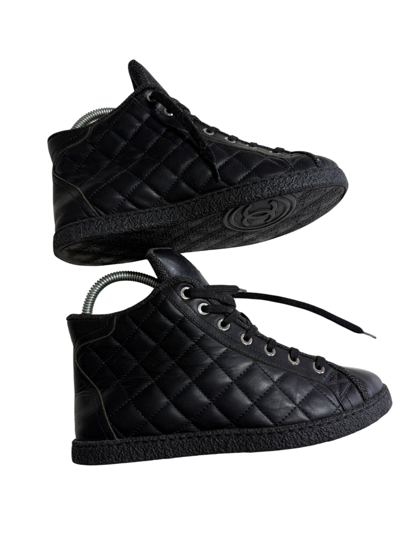 Vintage Chanel Black Quilted Leather High Top Sneakers CC Logo