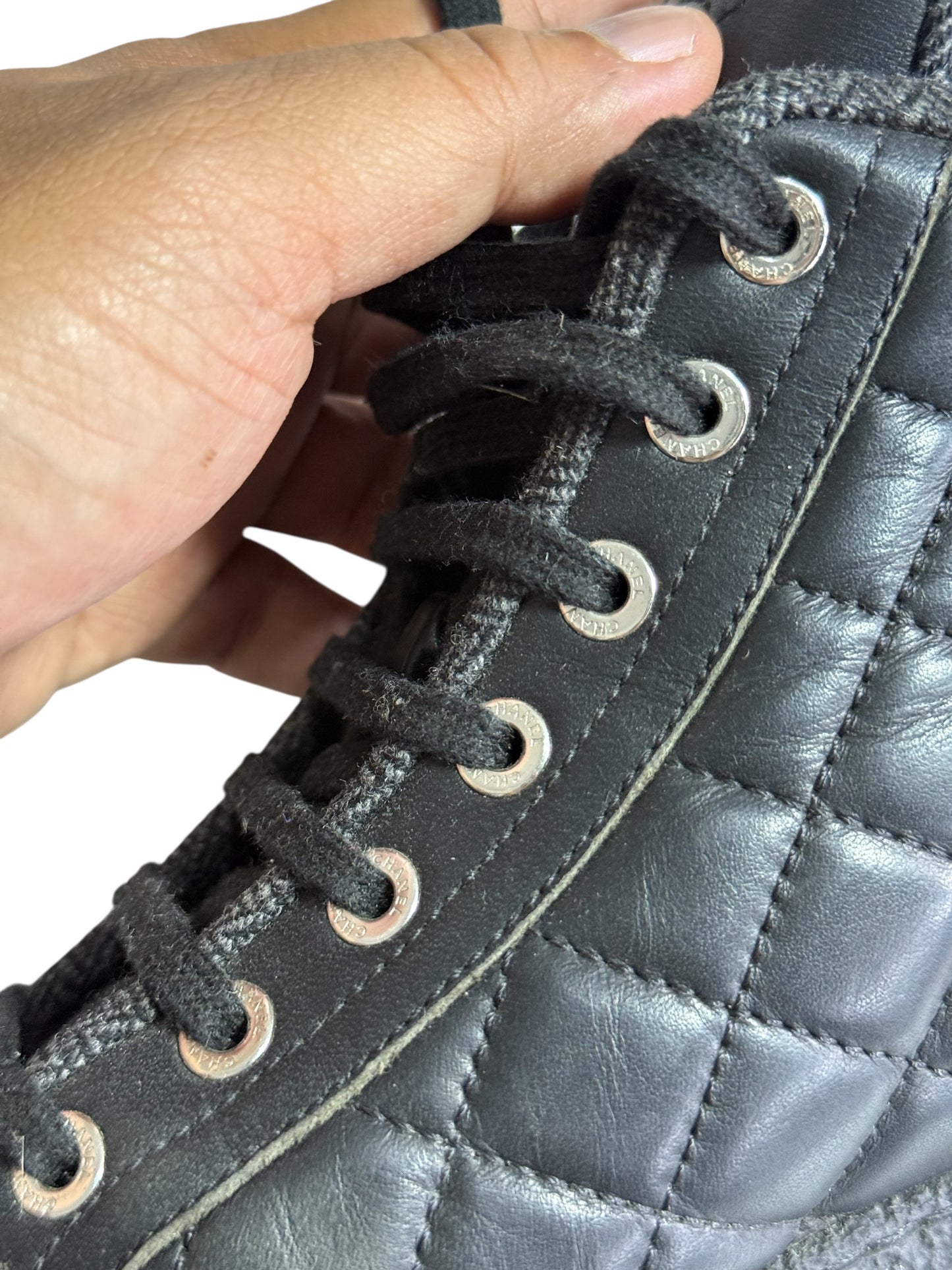 Vintage Chanel Black Quilted Leather High Top Sneakers CC Logo