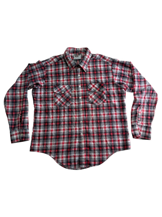 Vintage 1970s Montgomery Ward Plaid Flannel Shirt Red Black Check
