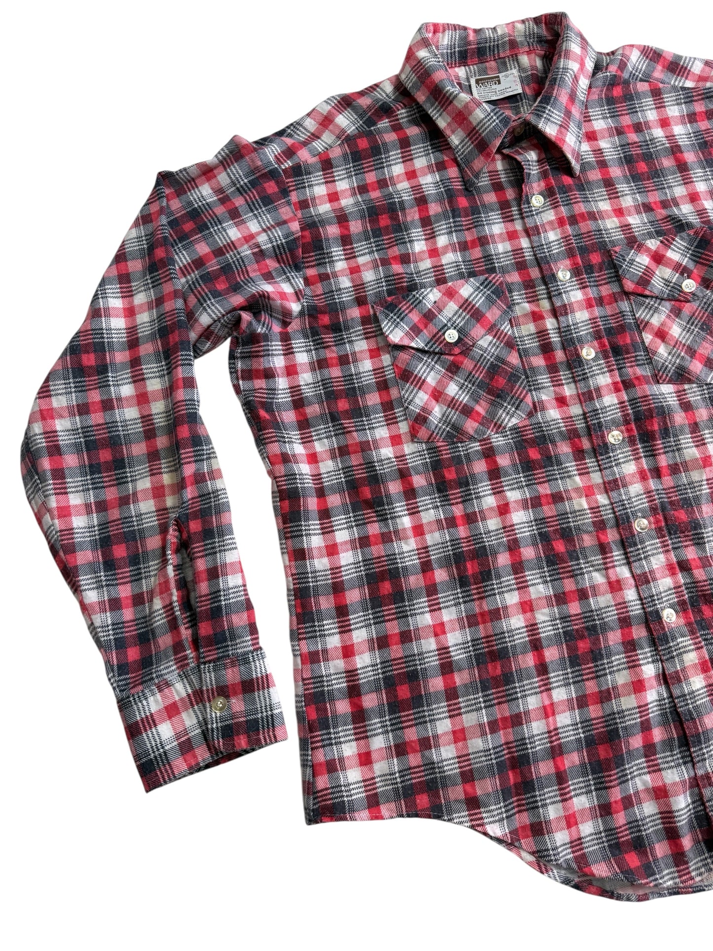 Vintage 1970s Montgomery Ward Plaid Flannel Shirt Red Black Check