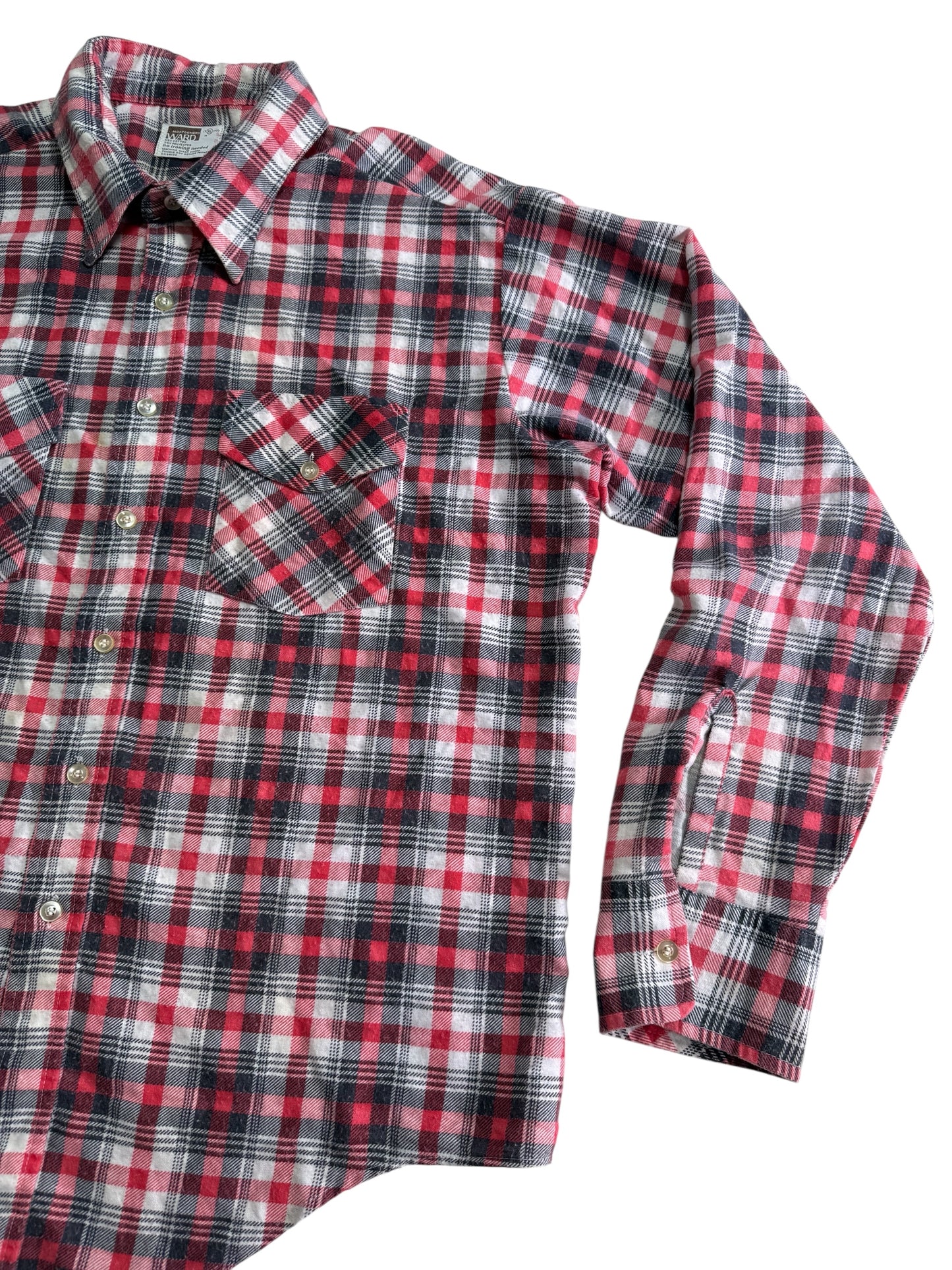 Vintage 1970s Montgomery Ward Plaid Flannel Shirt Red Black Check