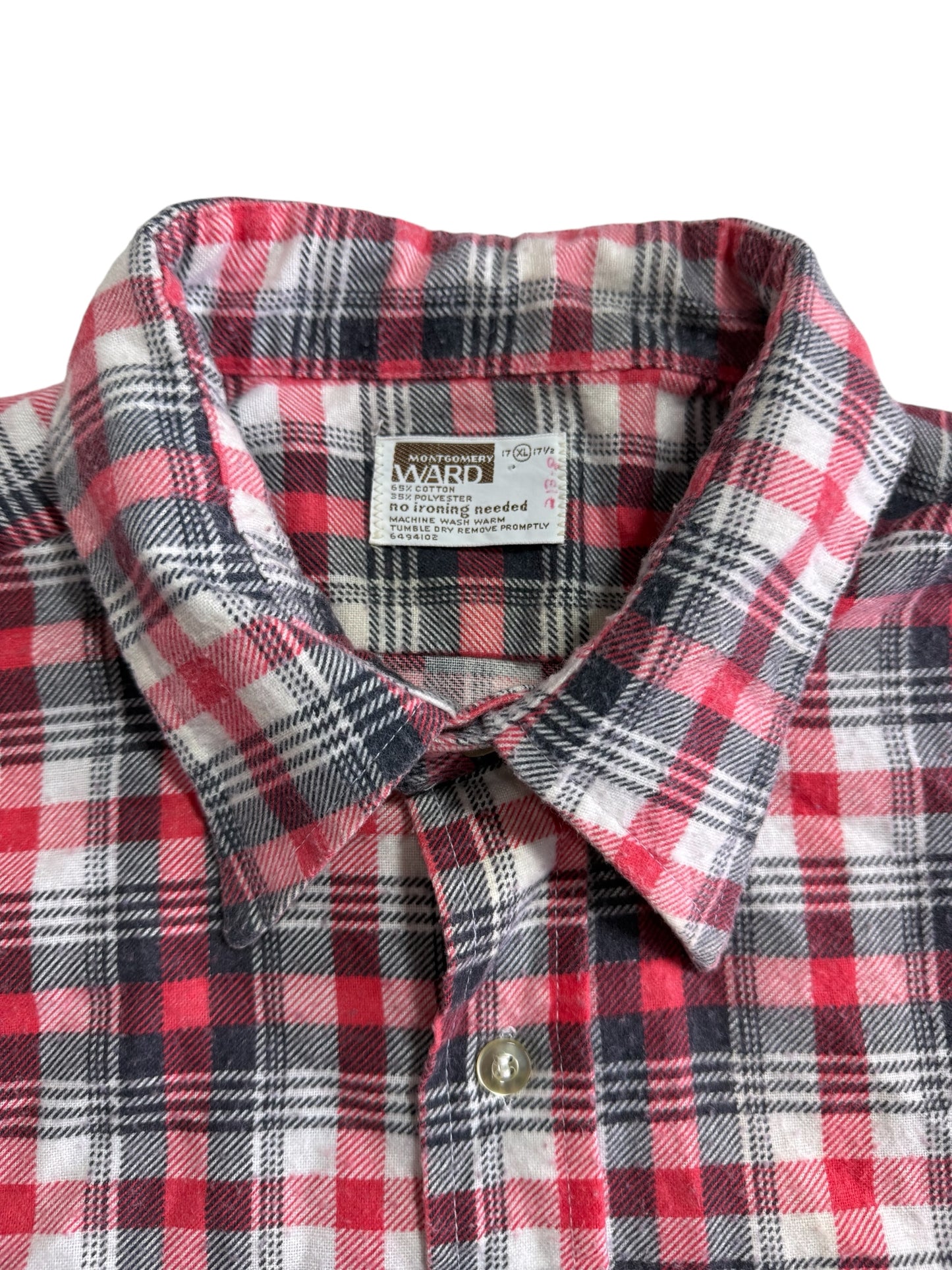 Vintage 1970s Montgomery Ward Plaid Flannel Shirt Red Black Check