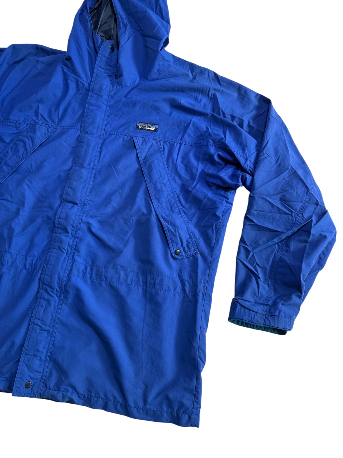 Vintage 1990s Patagonia Hooded Rain Jacket Blue Outdoor Shell Windbreaker