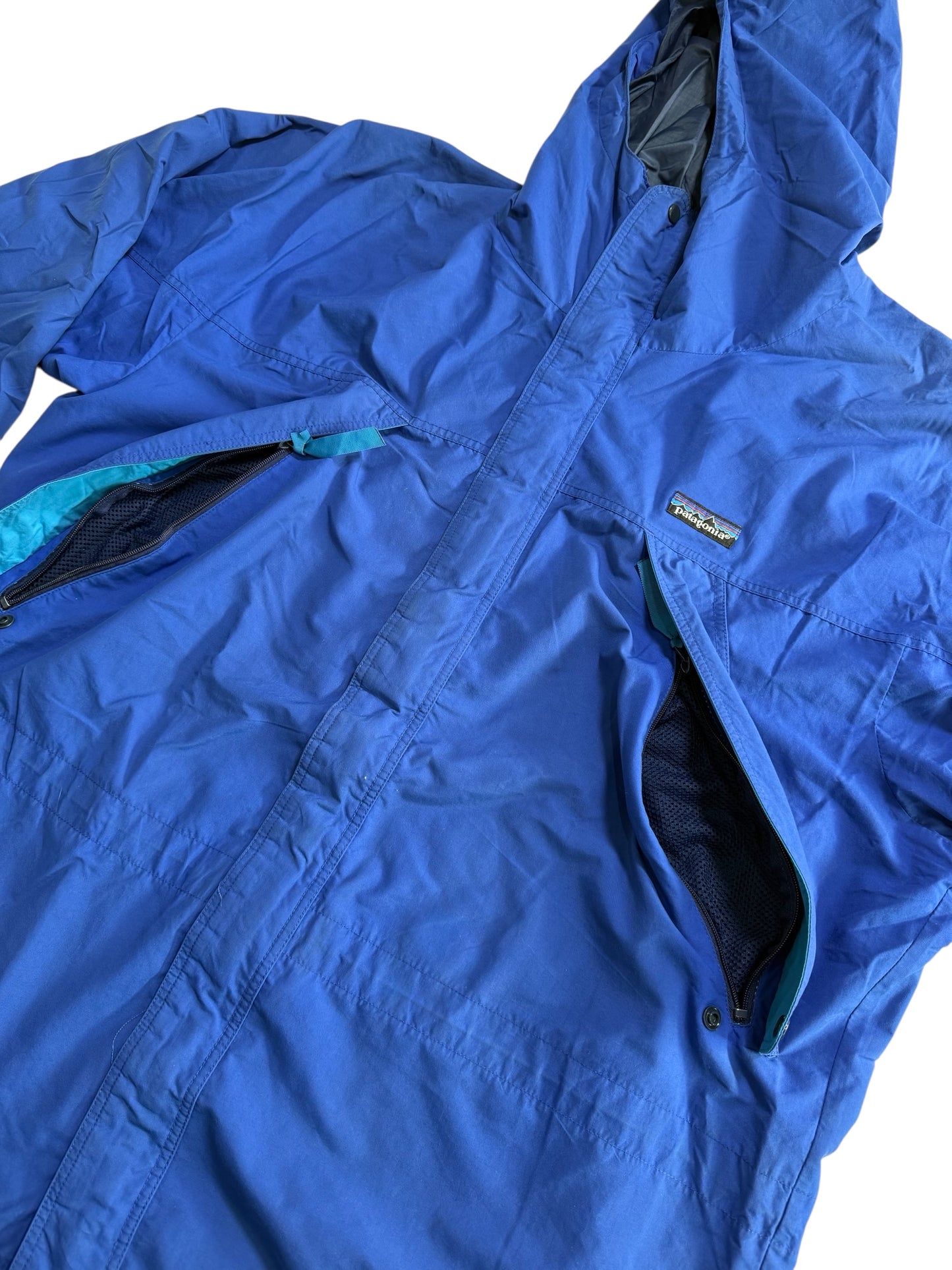 Vintage 1990s Patagonia Hooded Rain Jacket Blue Outdoor Shell Windbreaker
