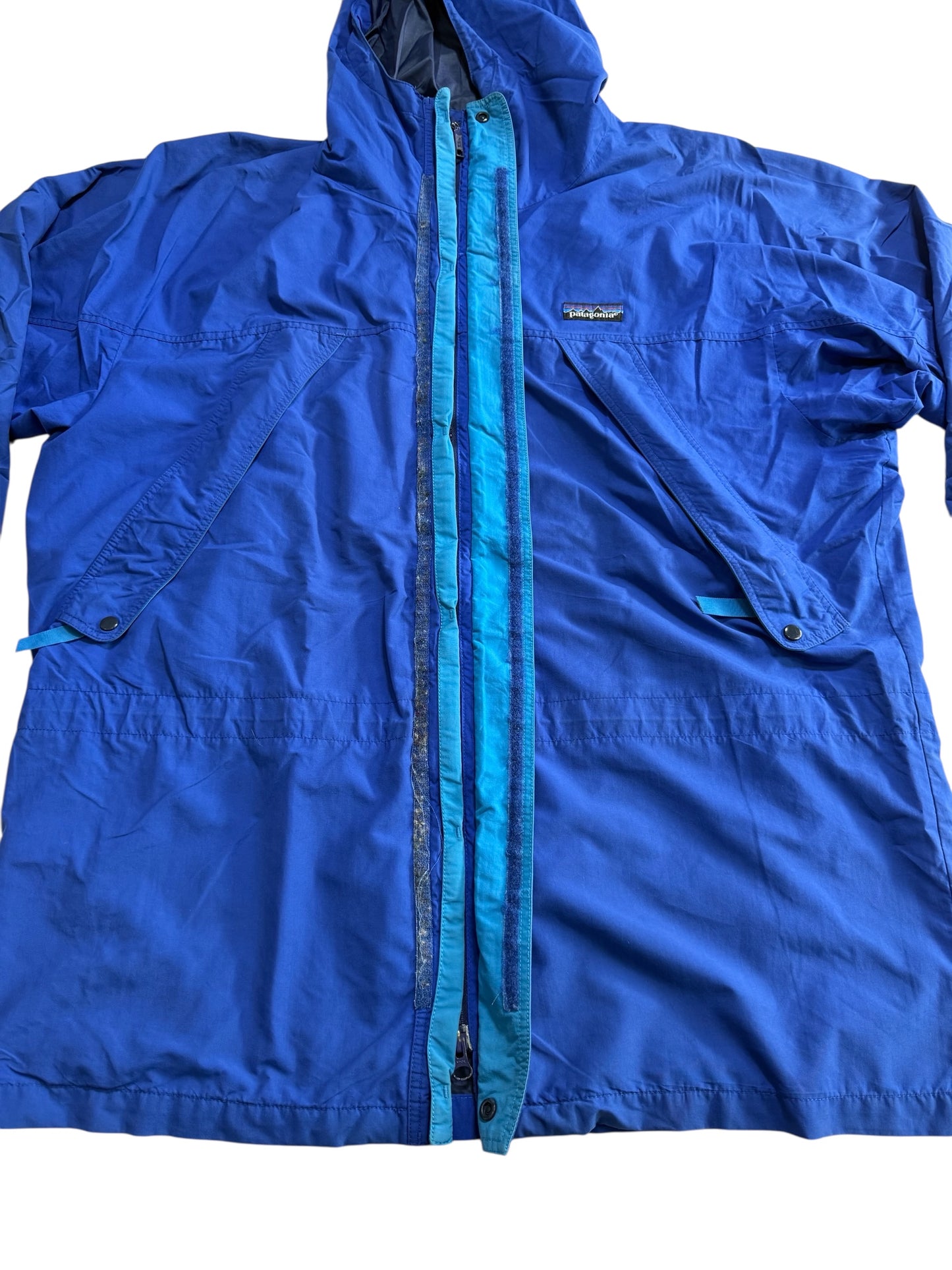 Vintage 1990s Patagonia Hooded Rain Jacket Blue Outdoor Shell Windbreaker