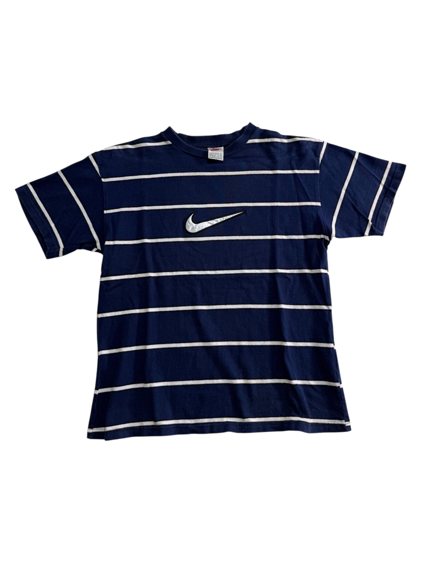 Vintage Nike Center Swoosh Striped T-Shirt Navy White Embroidered Logo 90s