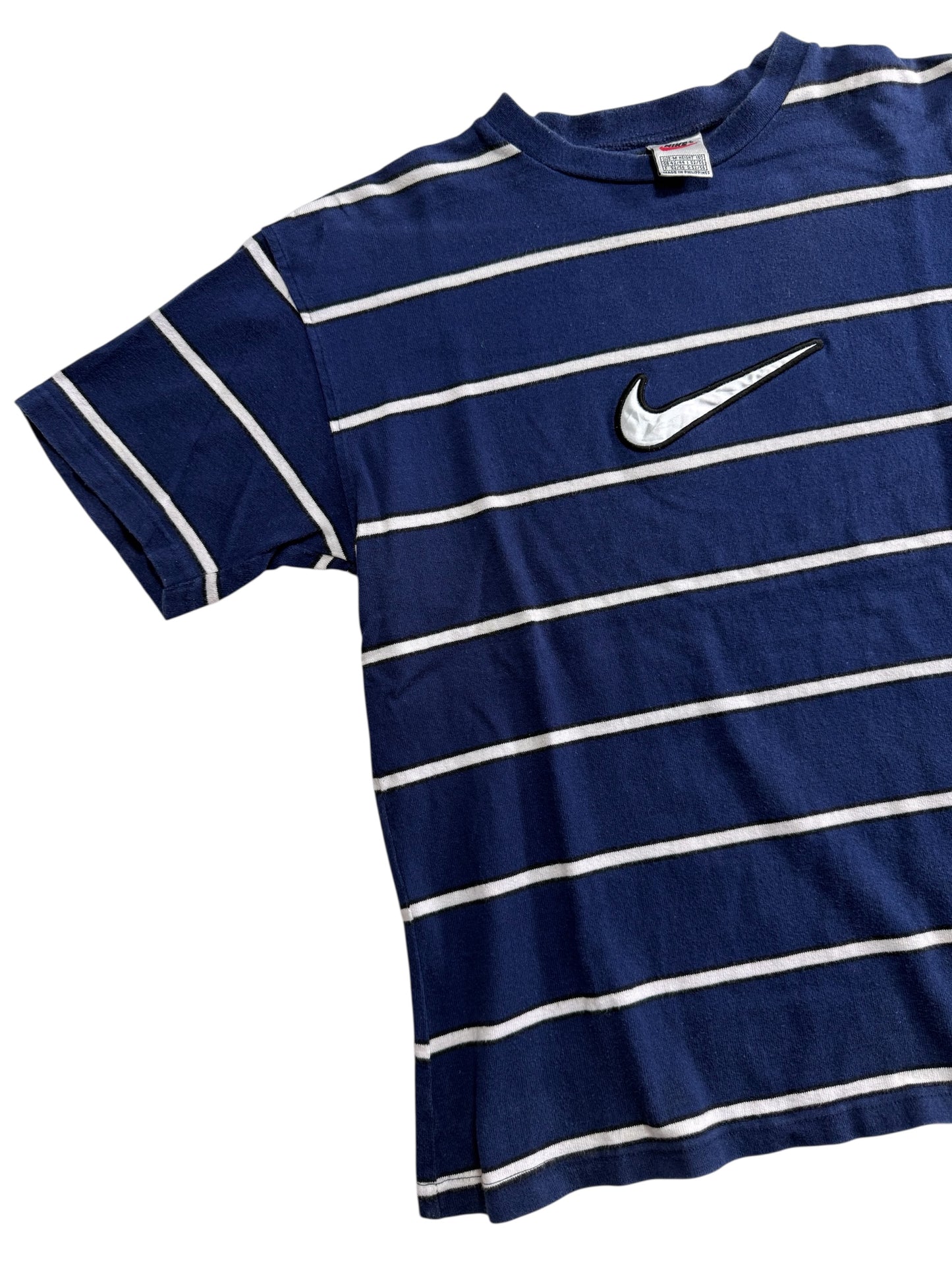 Vintage Nike Center Swoosh Striped T-Shirt Navy White Embroidered Logo 90s