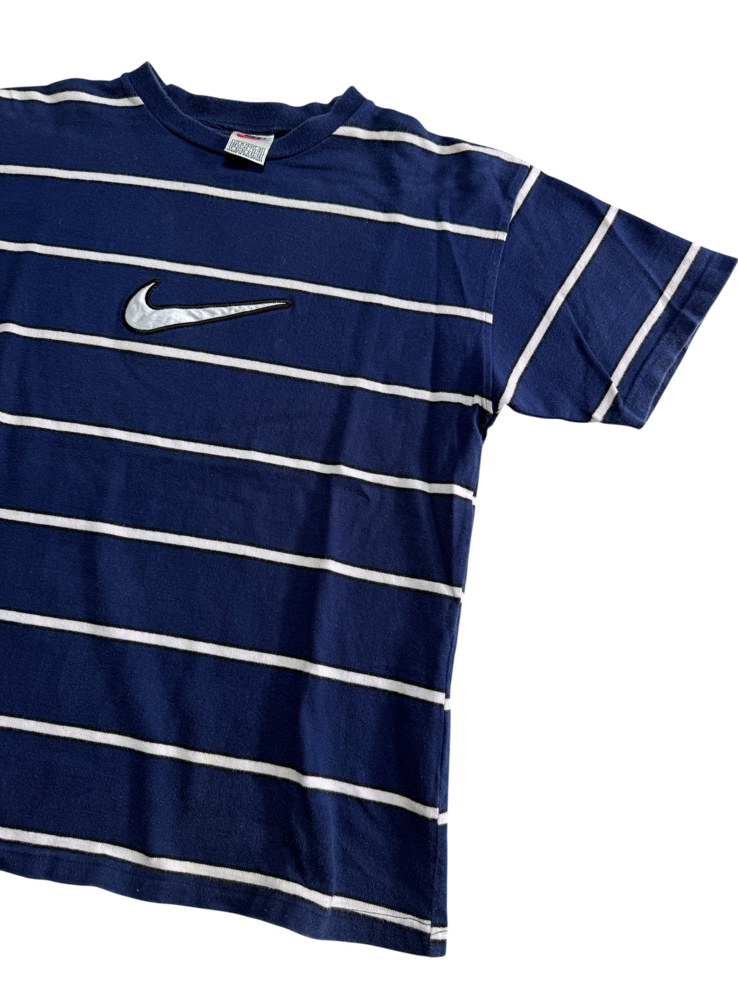 Vintage Nike Center Swoosh Striped T-Shirt Navy White Embroidered Logo 90s