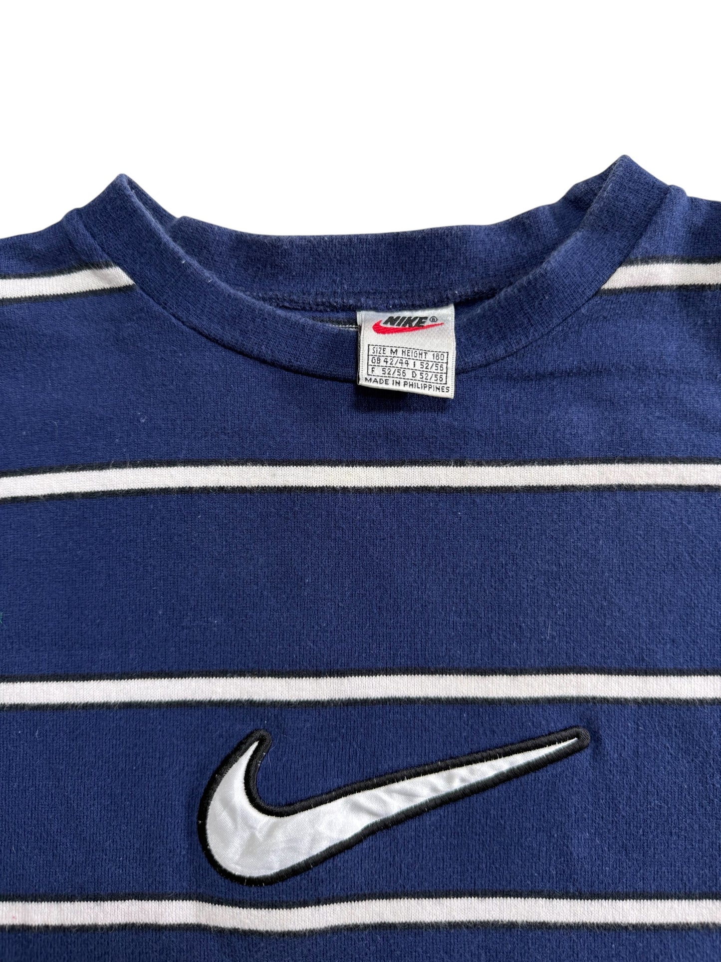 Vintage Nike Center Swoosh Striped T-Shirt Navy White Embroidered Logo 90s